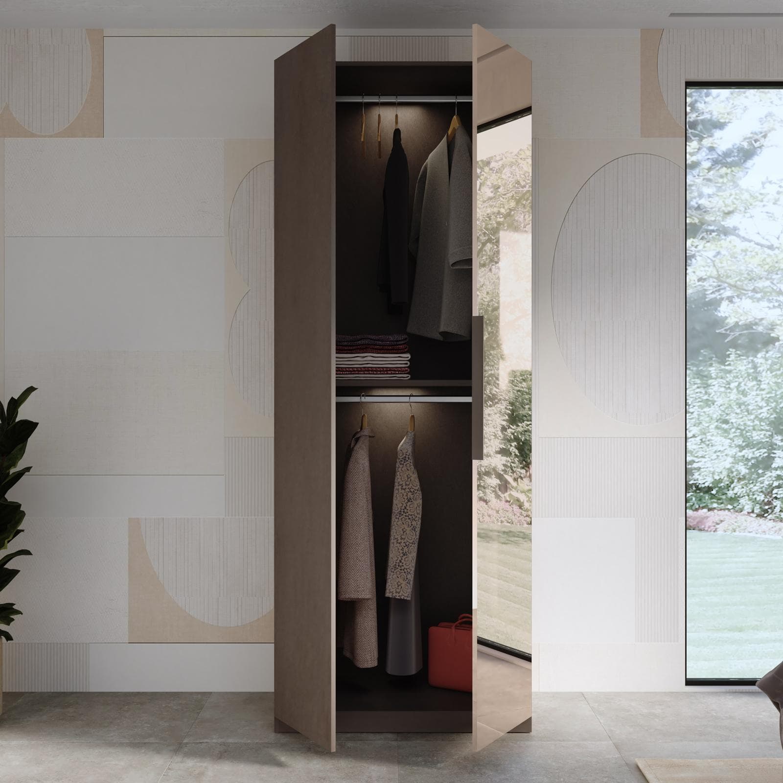 Armadio battente 92x240h cm 2 ante reversibili con 1 specchio bronzato e soft close bronzo - Codey