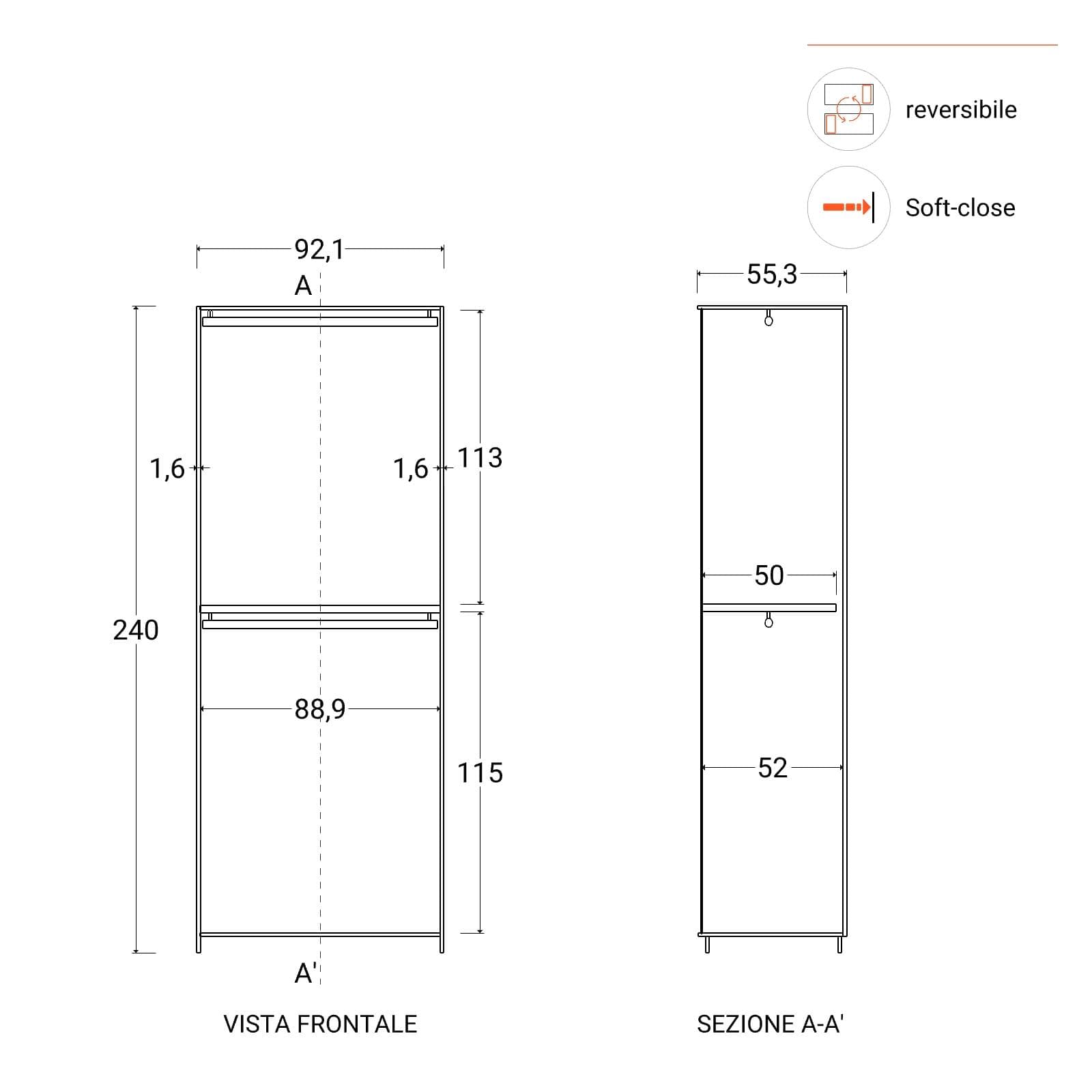 Armadio battente 92x240h cm 2 ante reversibili con 1 specchio bronzato e soft close bronzo - Codey