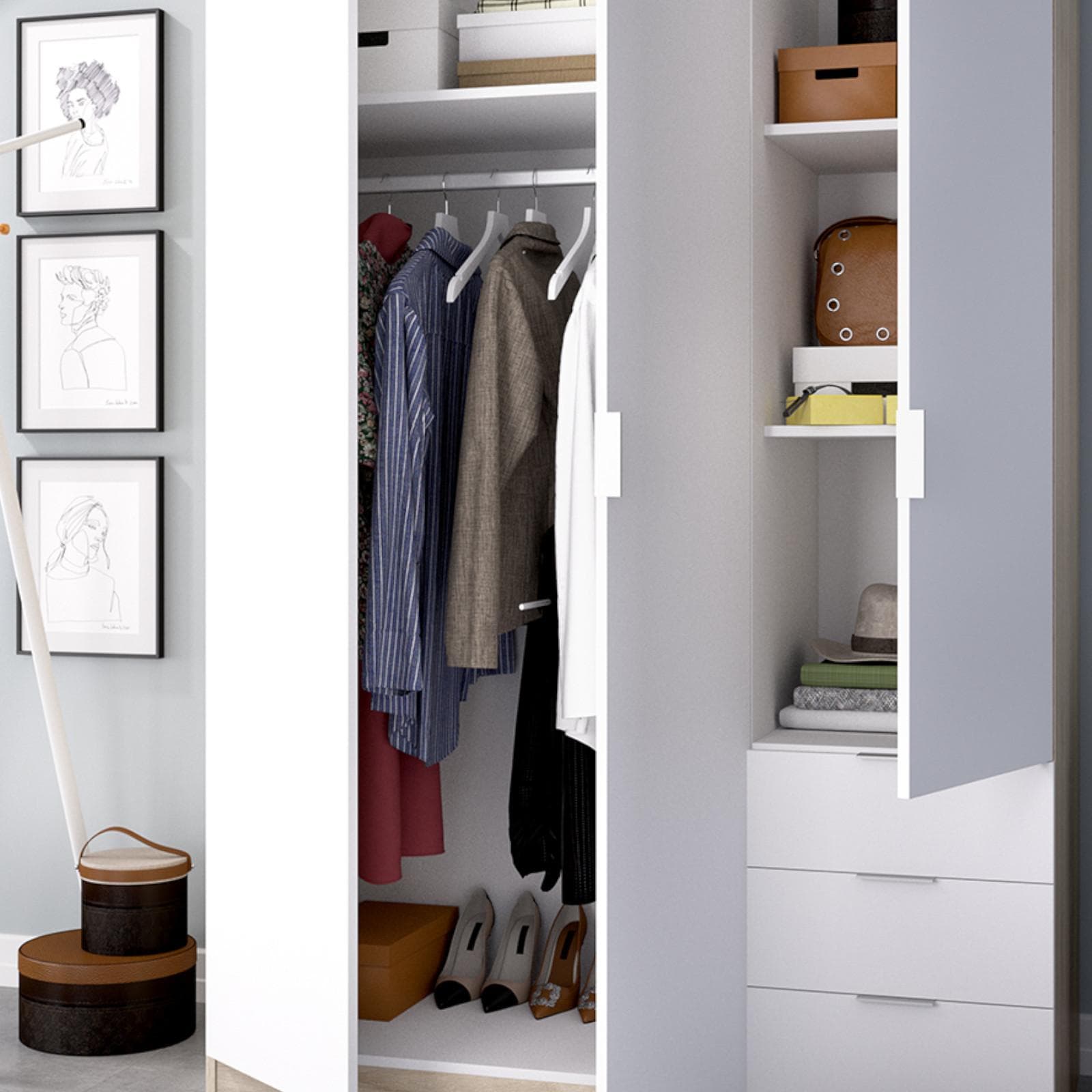 Armadio 121x184 h cm con 3 ante e cassetti in legno bianco e rovere naturale - Axel