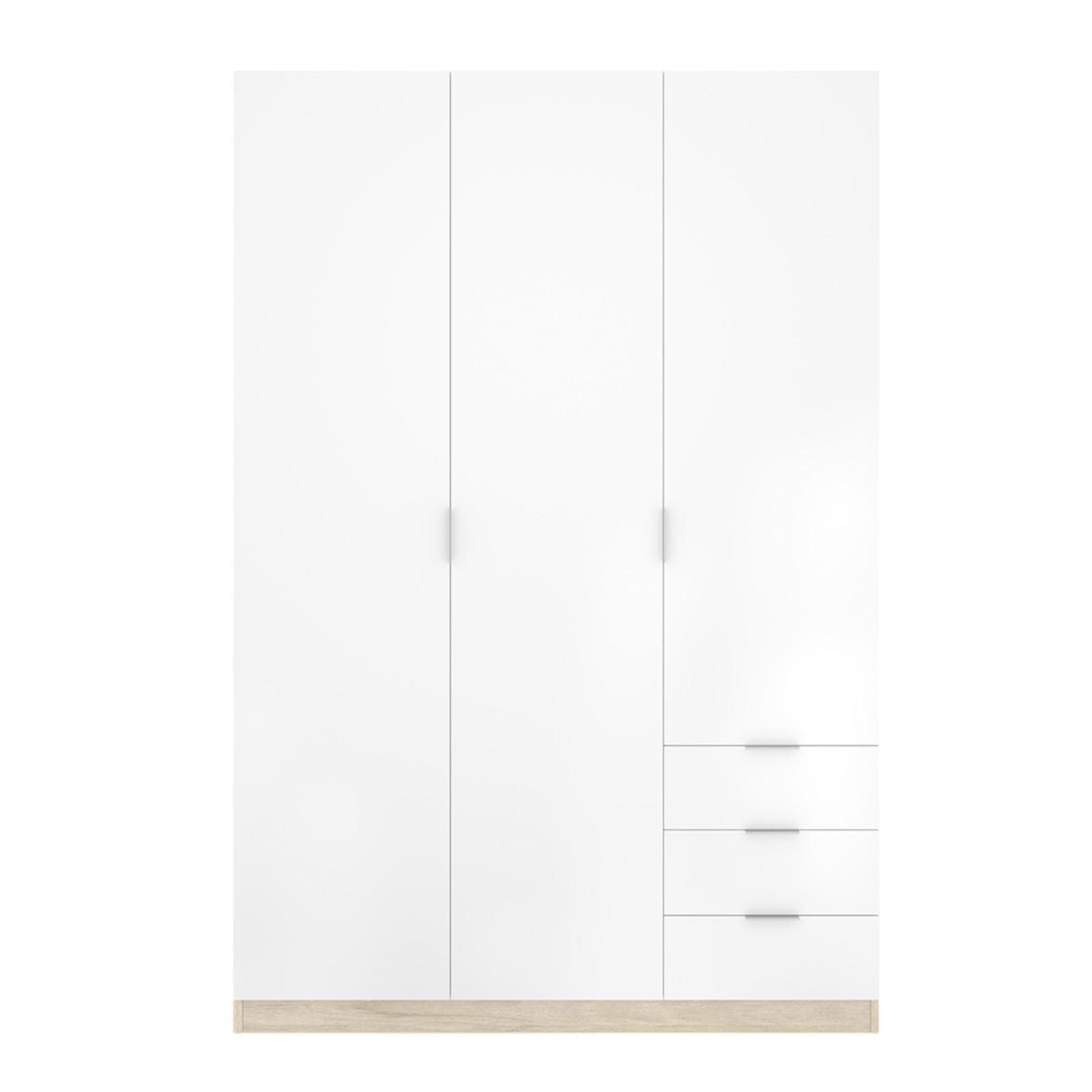 Armadio 121x184 h cm con 3 ante e cassetti in legno bianco e rovere naturale - Axel