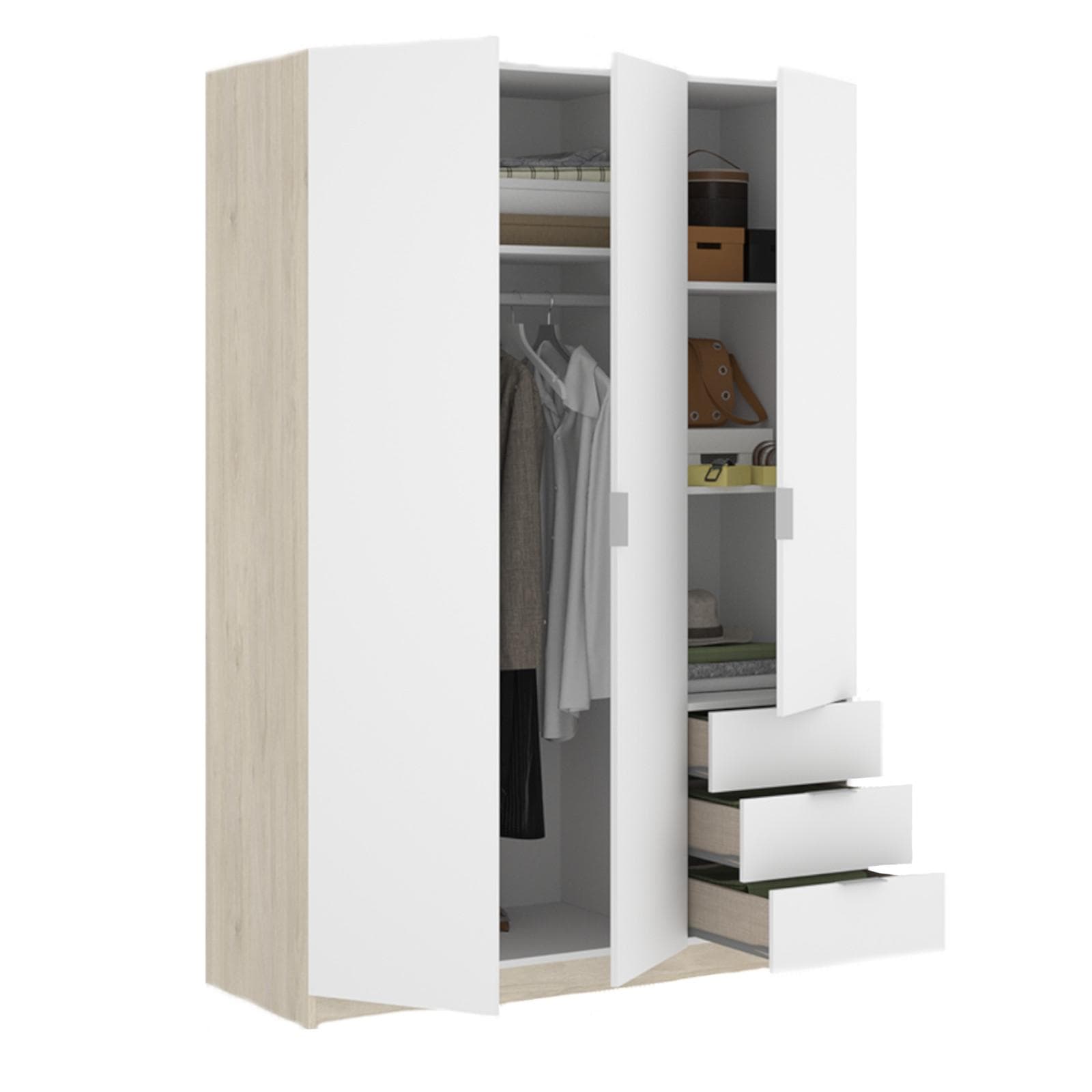 Armadio 121x184 h cm con 3 ante e cassetti in legno bianco e rovere naturale - Axel