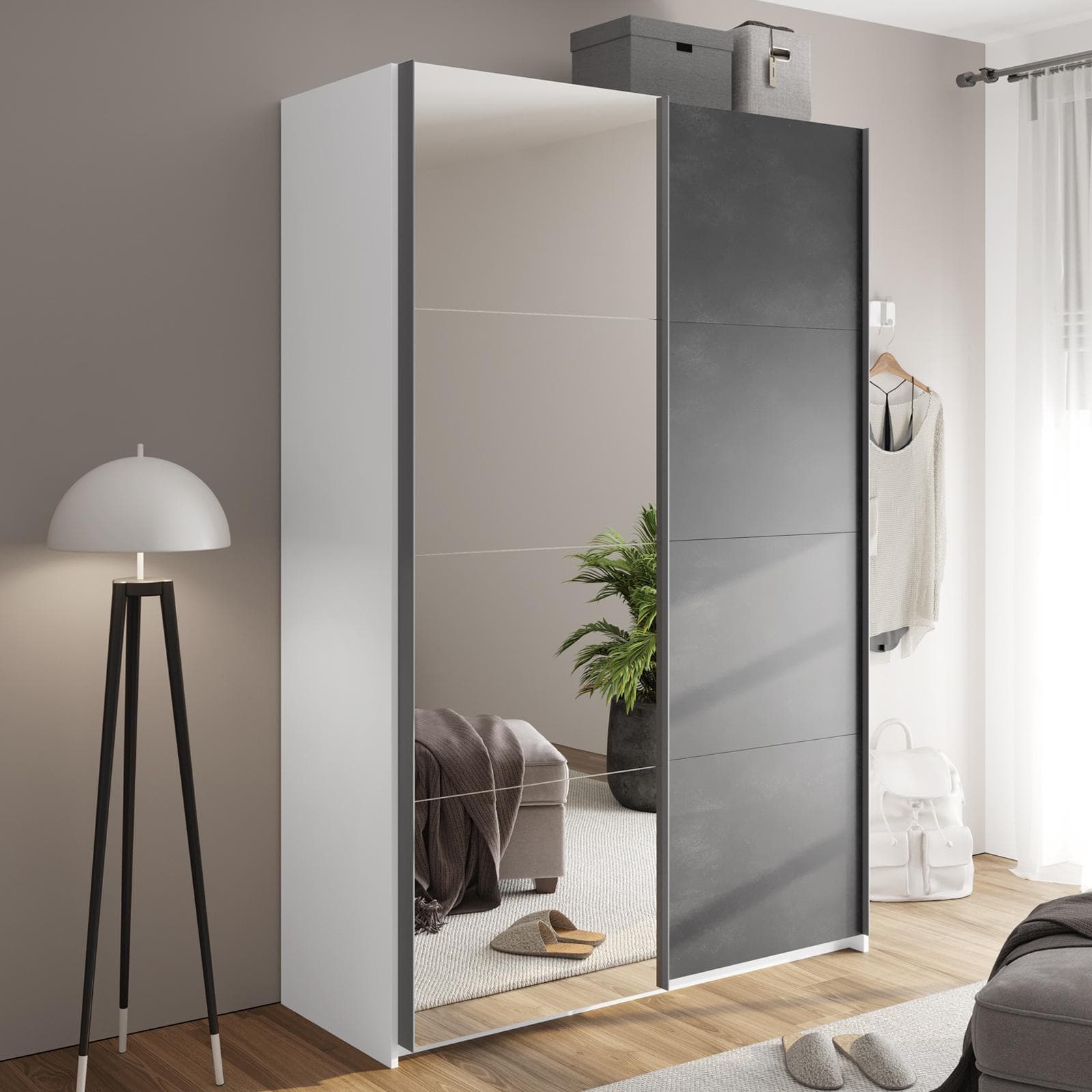 Armadio 150x223h cm con due ante scorrevoli grigio tadao e specchio - Alen