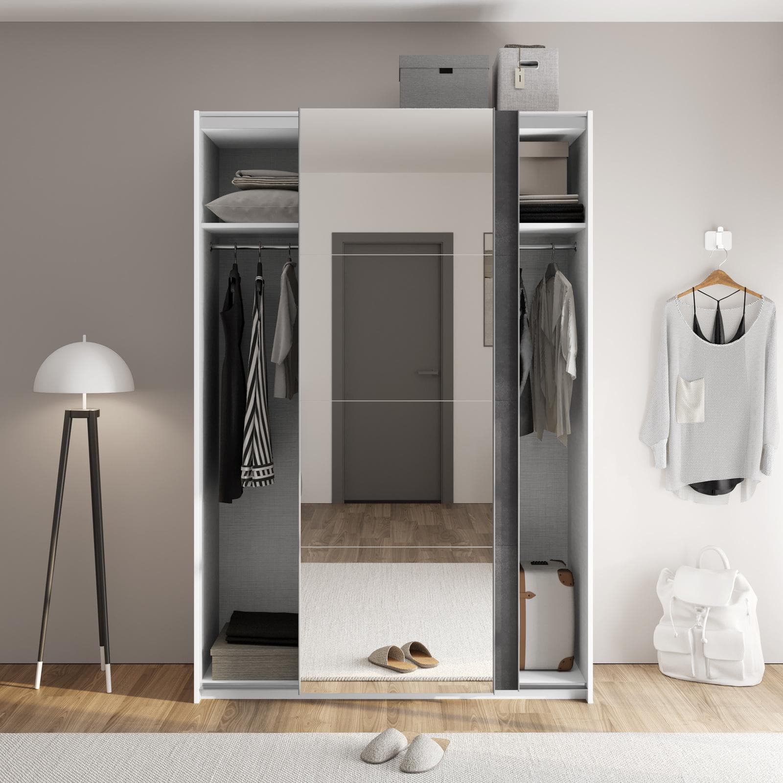 Armadio 150x223h cm con due ante scorrevoli grigio tadao e specchio - Alen