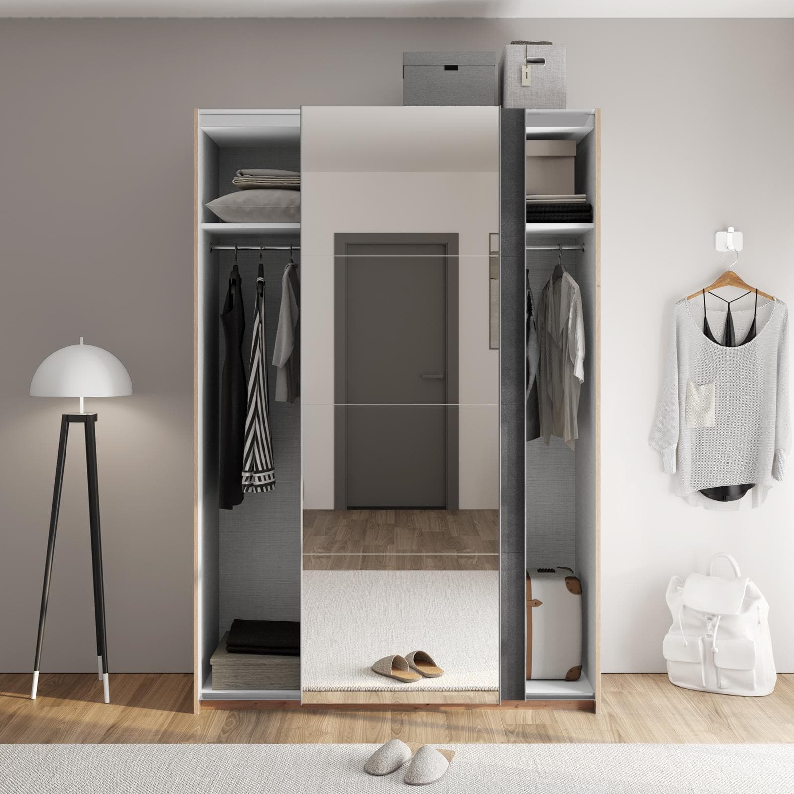Armadio 150x223h cm rovere artisan con due ante scorrevoli grigio tadao e specchio - Alen