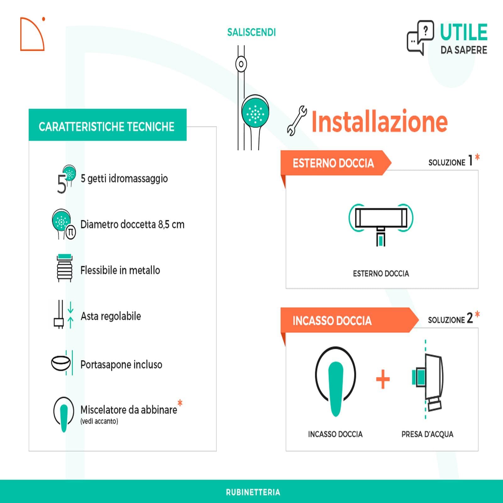 Asta doccia saliscendi in acciaio con doccetta multifunzione idromassaggio - Haiti