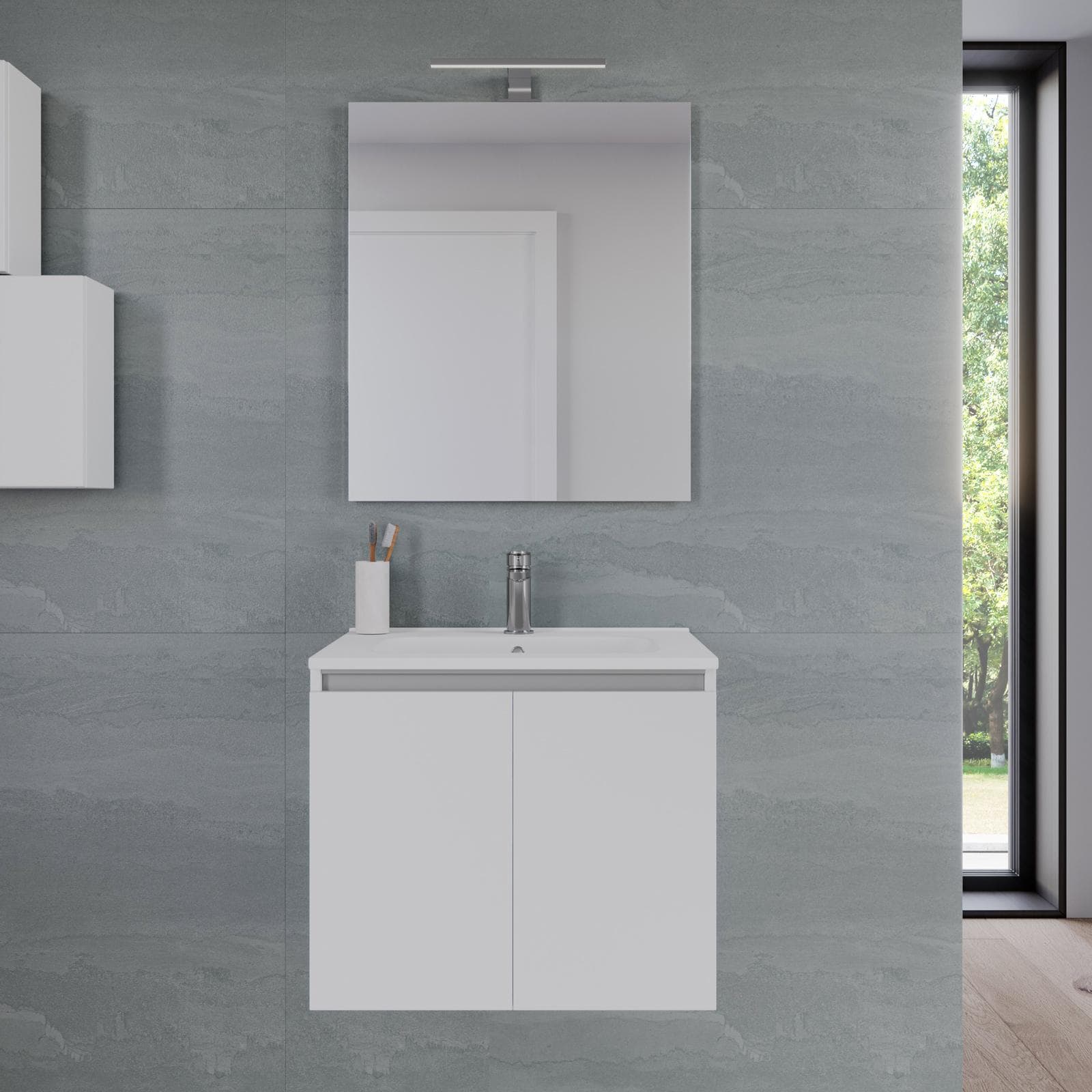 Bagno completo con mobile bagno sospeso 60 cm bianco opaco 2 ante con specchio sanitari e miscelatori - Davis