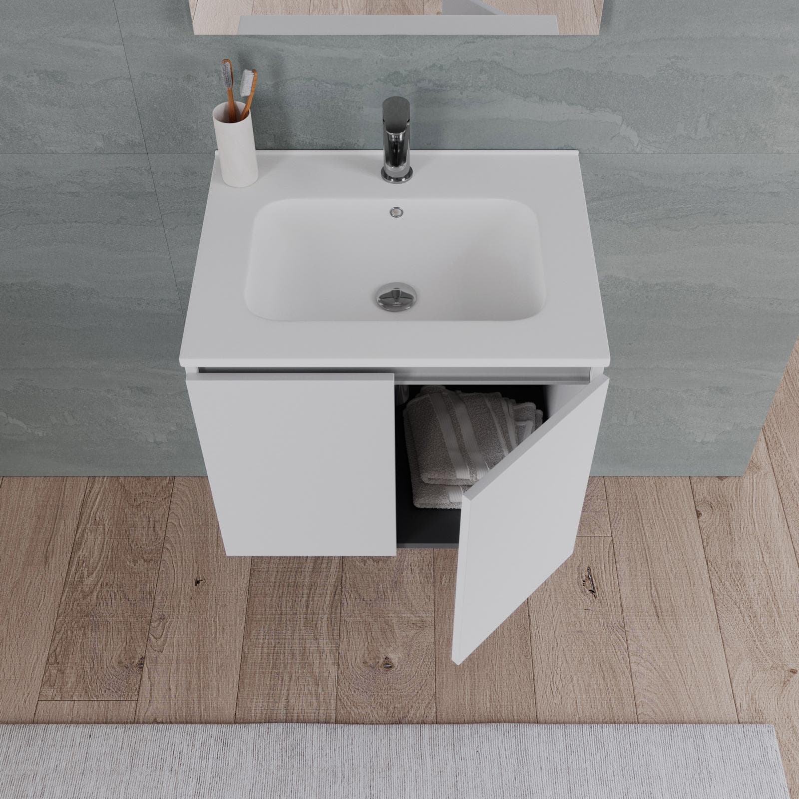 Bagno completo con mobile bagno sospeso 60 cm bianco opaco 2 ante con specchio sanitari e miscelatori - Davis