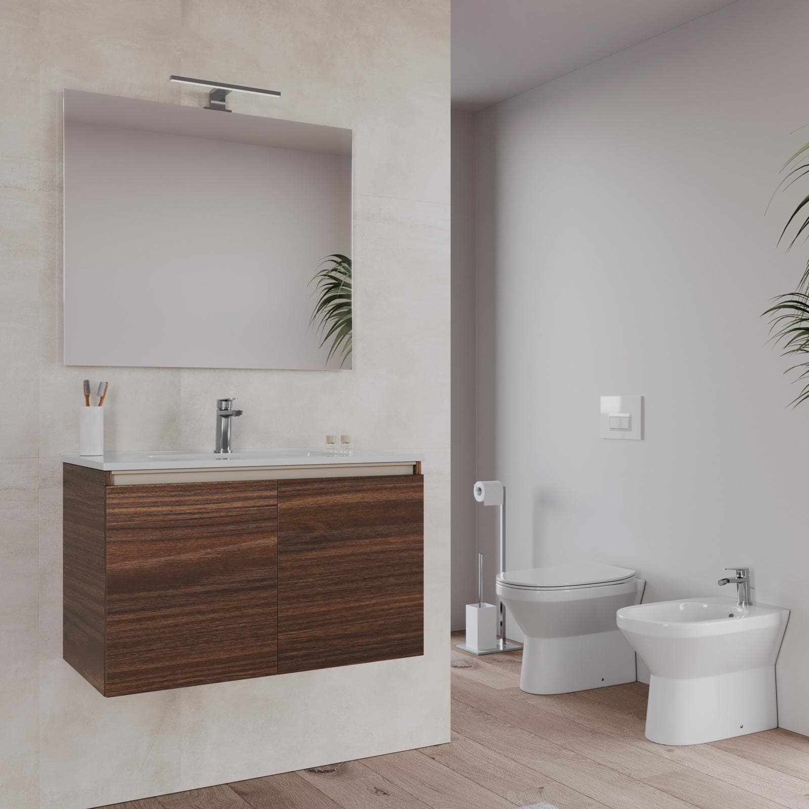 Bagno completo con mobile bagno sospeso 80 cm rovere deciso 2 ante con specchio sanitari e miscelatori - Davis