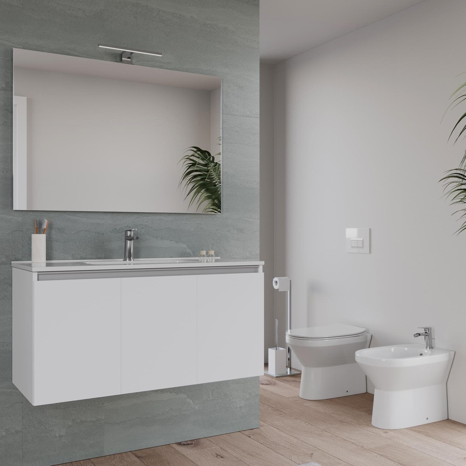 Bagno completo con mobile sospeso 100 cm bianco opaco 3 ante con specchio sanitari e miscelatori - Davis