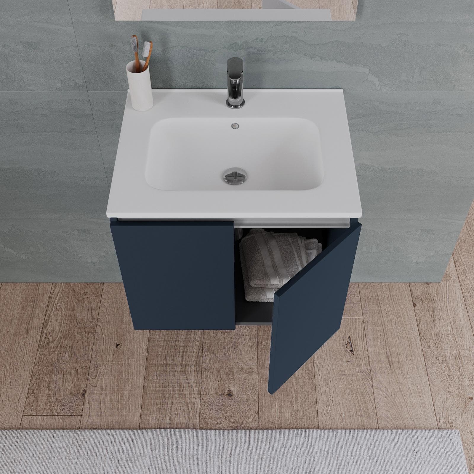Bagno completo con mobile sospeso 60 cm blu esotico 2 ante con specchio sanitari e miscelatori - Davis