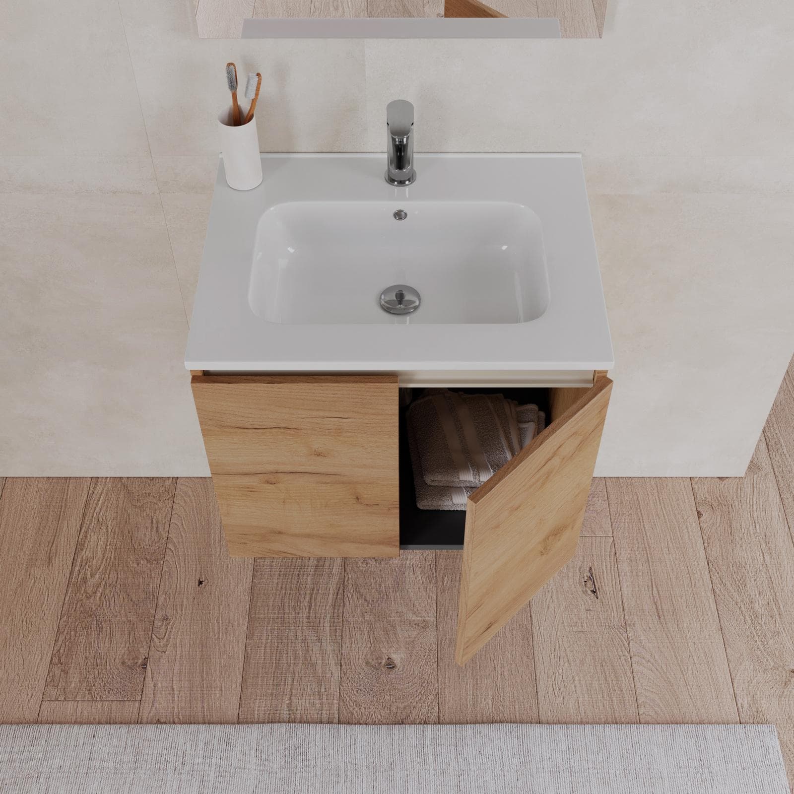 Bagno completo con mobile sospeso 60 cm rovere gold 2 ante con specchio sanitari e miscelatori - Davis