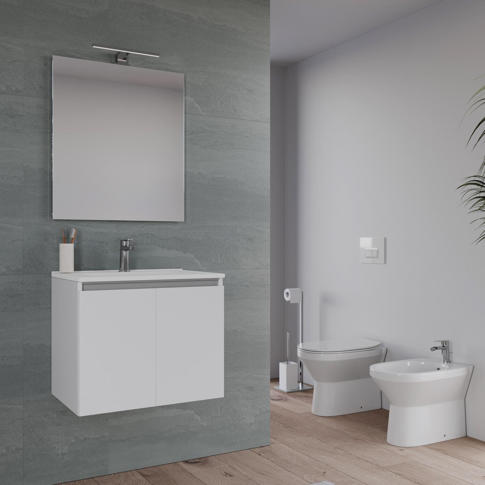 Bagno completo con mobile sospeso 70 cm bianco opaco 2 ante con specchio sanitari e miscelatori - Davis