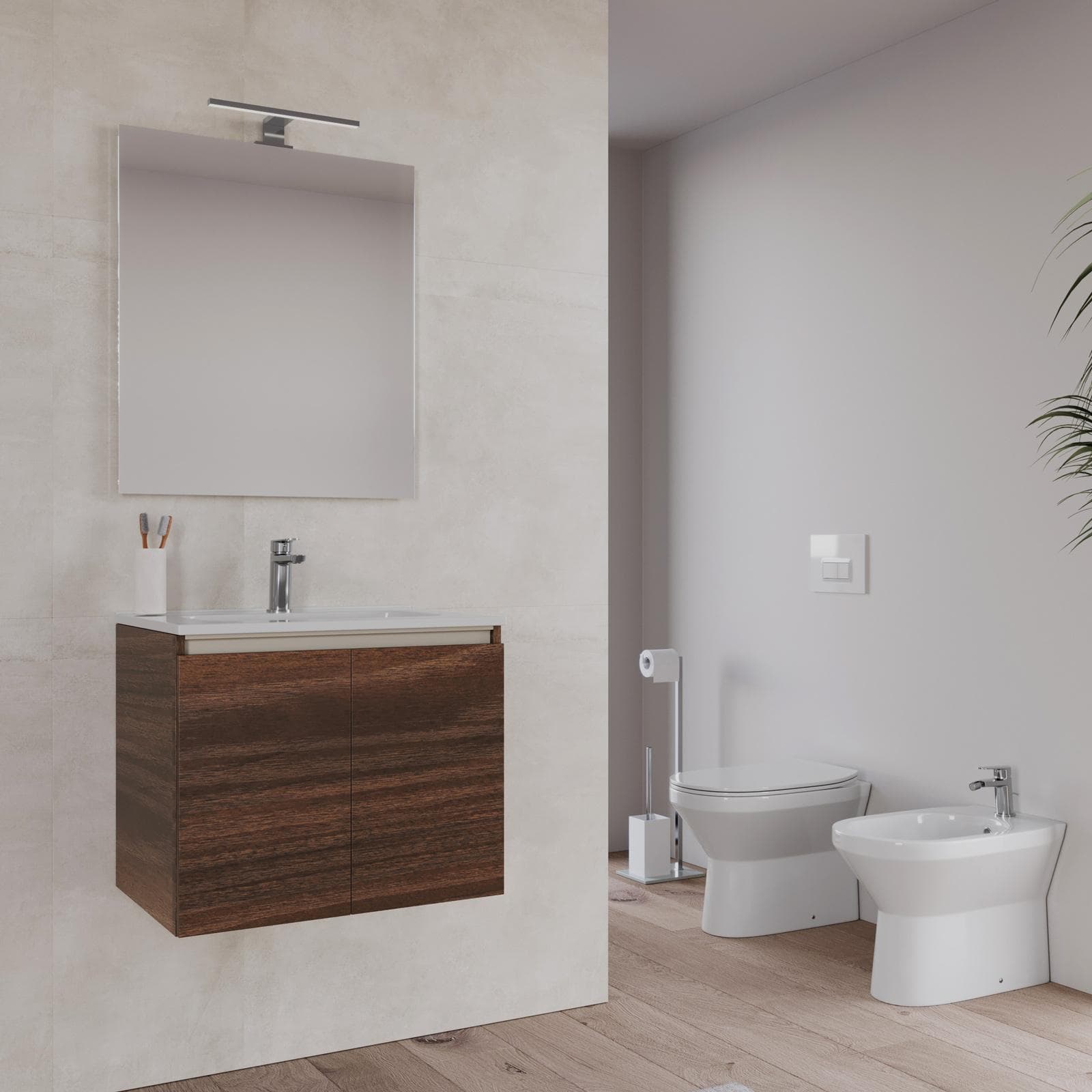Bagno completo con mobile sospeso 70 cm rovere deciso 2 ante con specchio sanitari e miscelatori - Davis