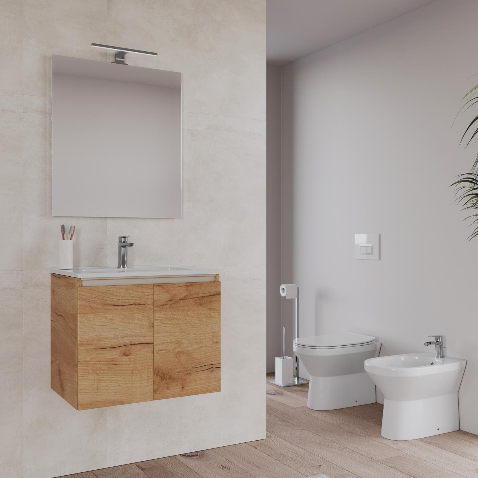 Bagno completo con mobile sospeso 70 cm rovere gold 2 ante con specchio sanitari e miscelatori - Davis