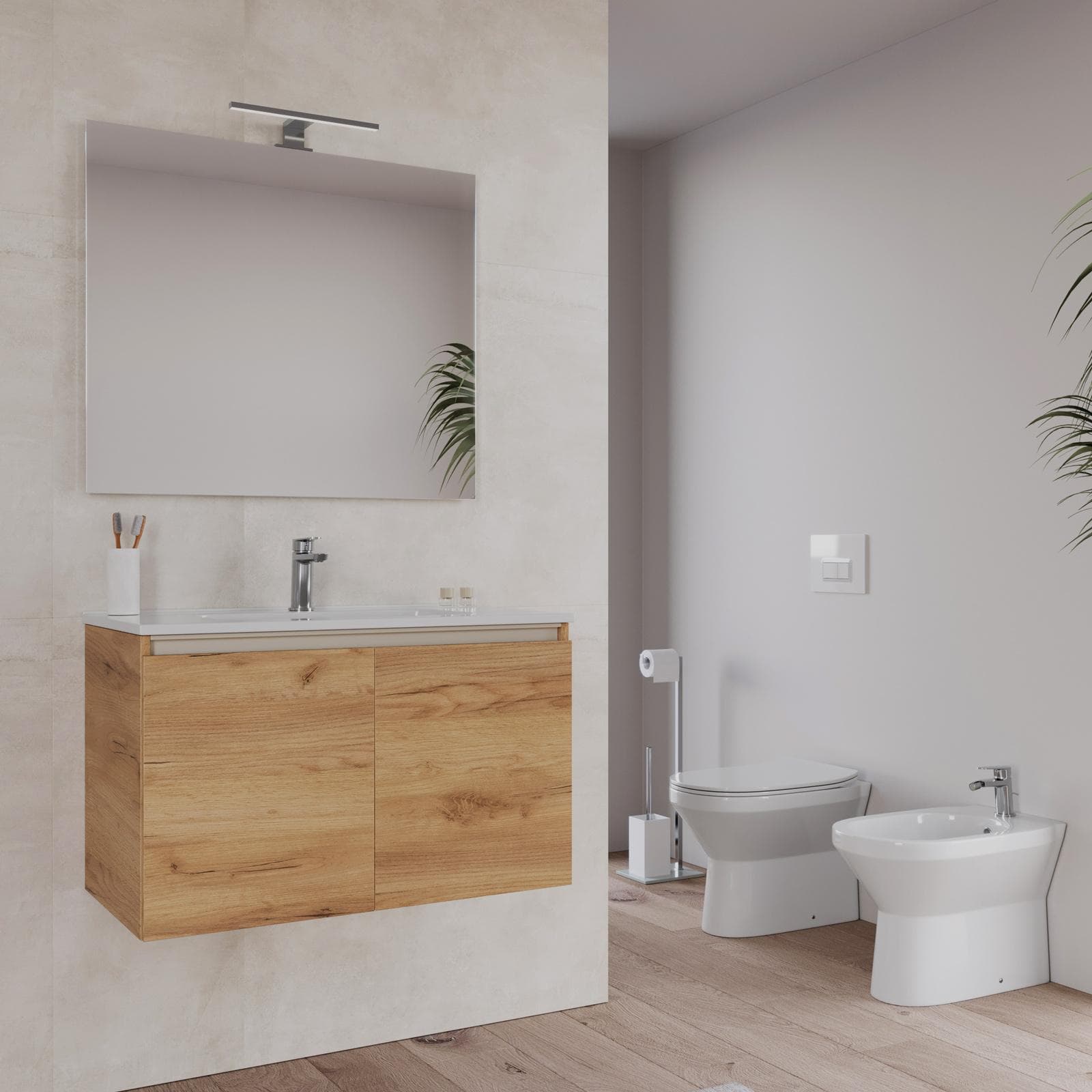 Bagno completo con mobile sospeso 80 cm rovere gold 2 ante con specchio sanitari e miscelatori - Davis