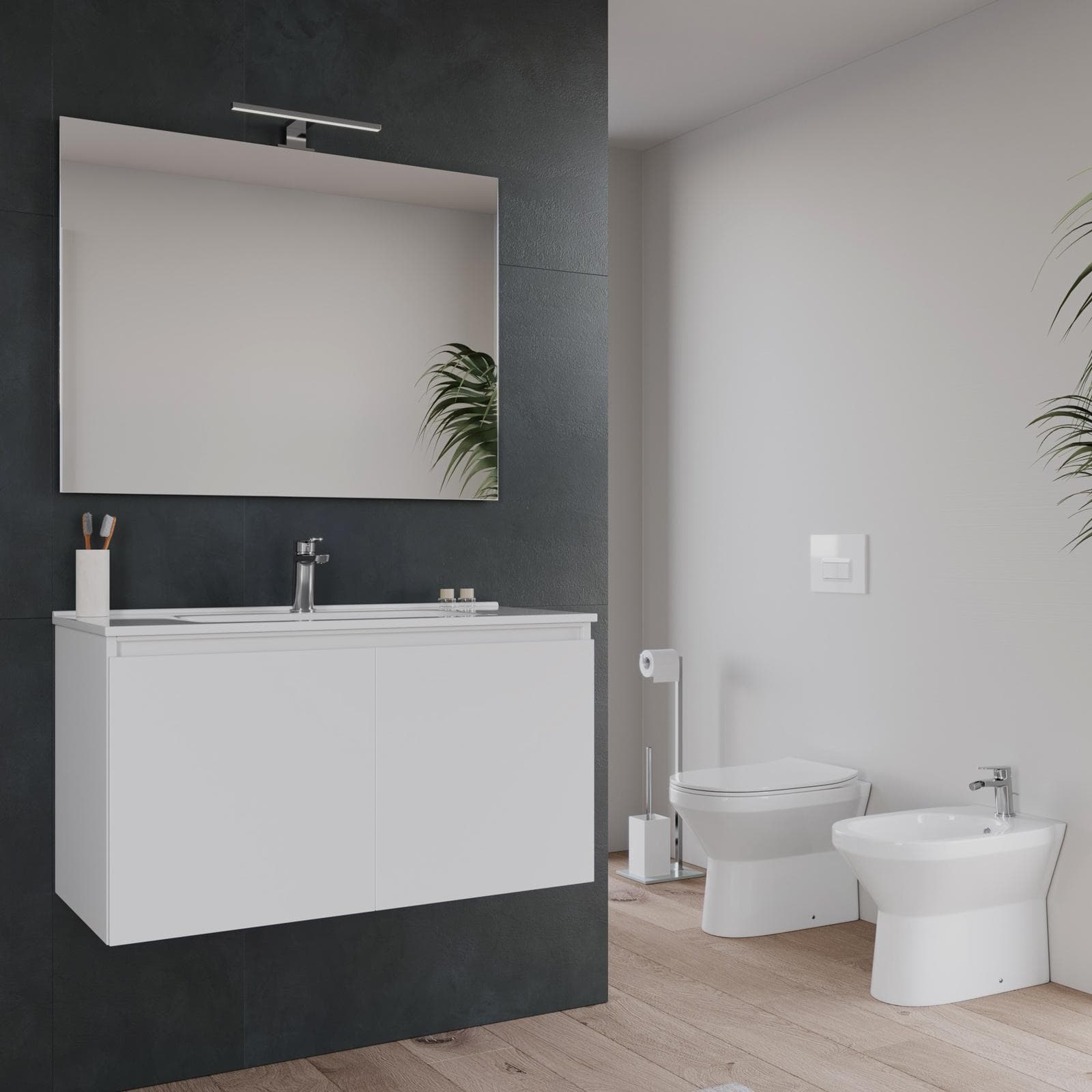 Bagno completo con mobile sospeso 90 cm bianco opaco 2 ante con sanitari con miscelatori e specchio - Davis