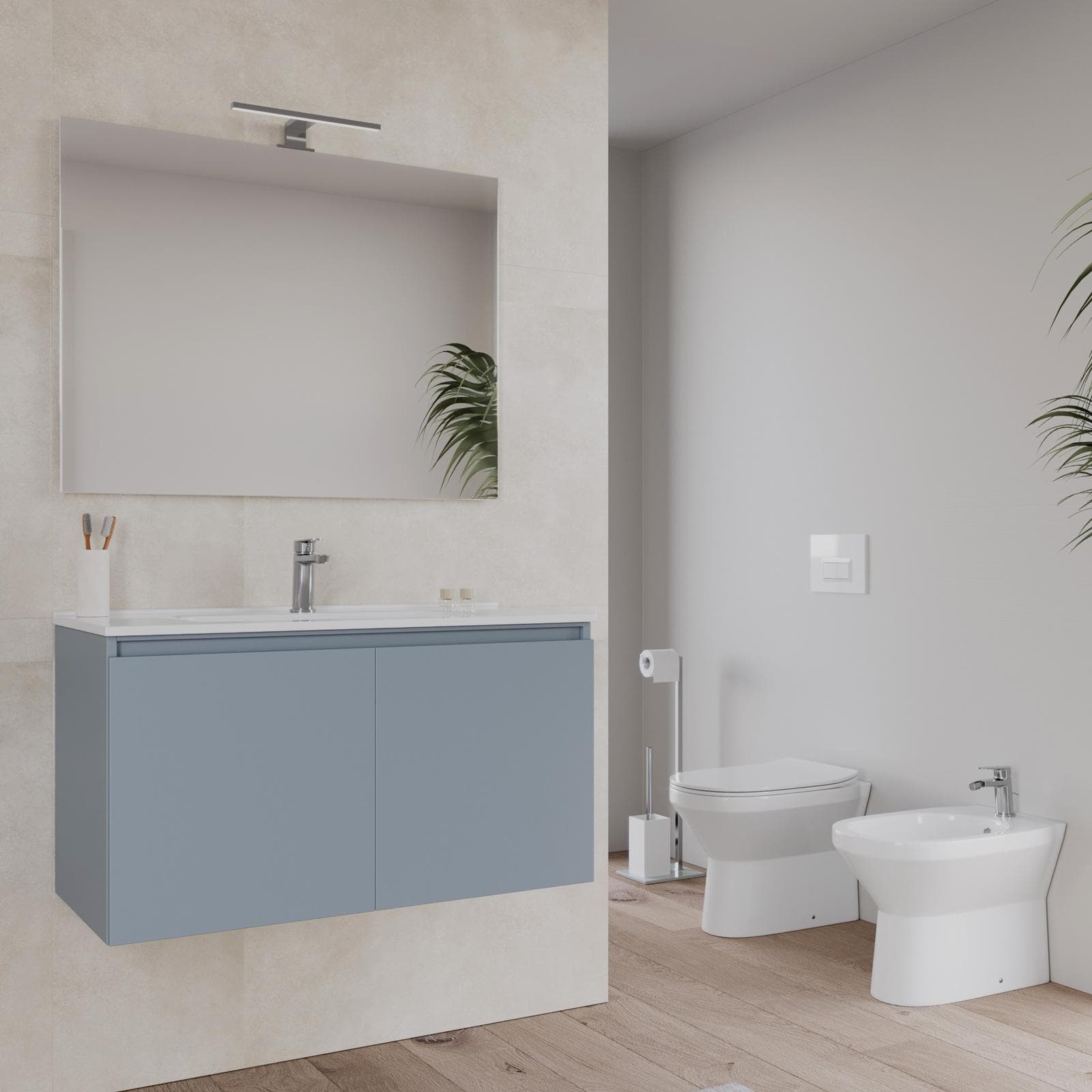 Bagno completo con mobile sospeso 90 cm carta da zucchero 2 ante con sanitari con miscelatori e specchio - Davis