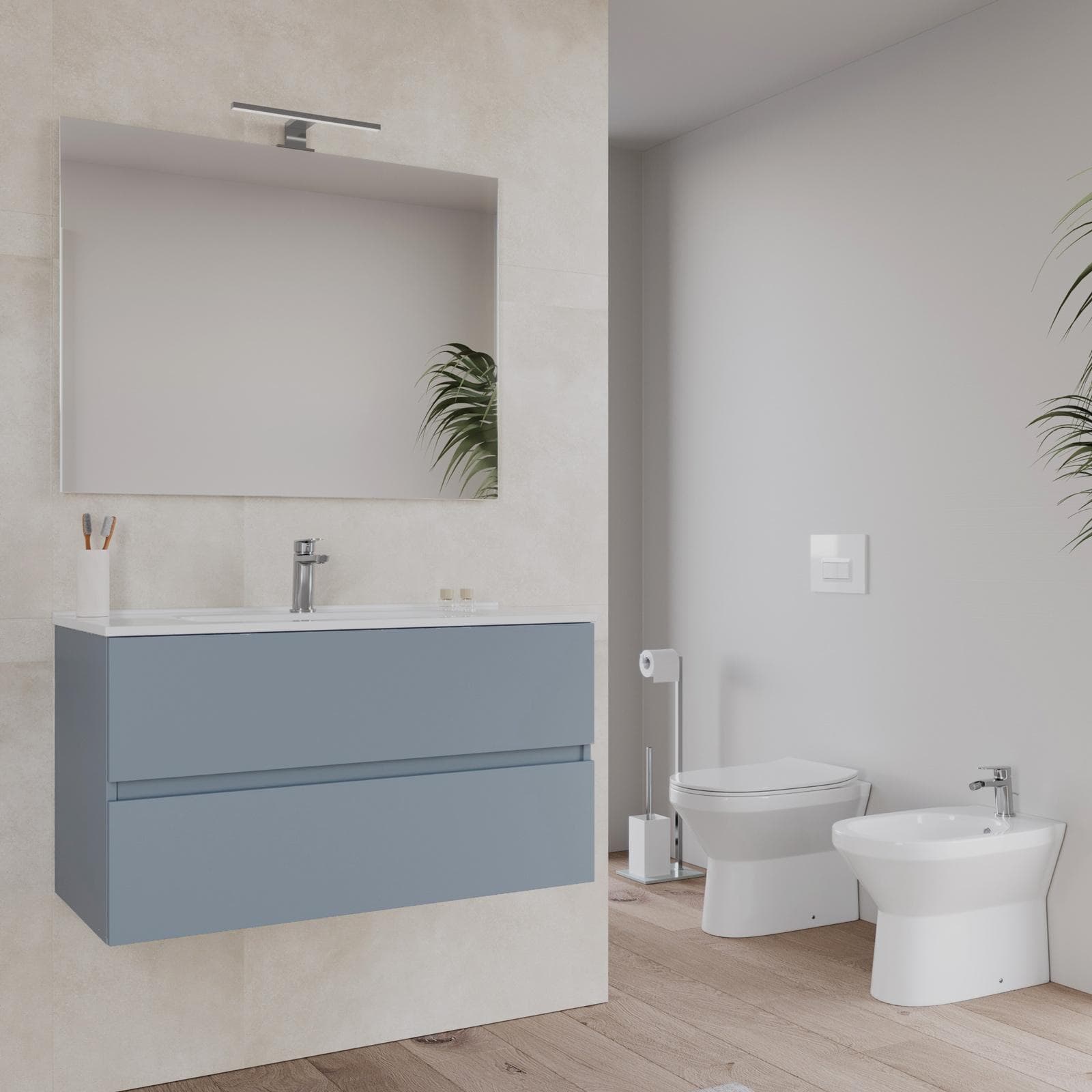 Bagno completo con mobile sospeso 90 cm carta da zucchero 2 cassetti con sanitari con miscelatori e specchio - Davis