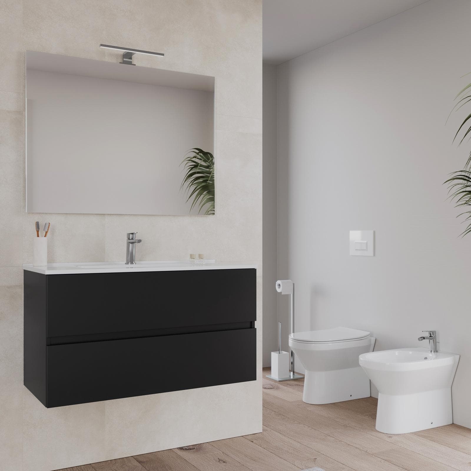 Bagno completo con mobile sospeso 90 cm nero opaco 2 cassetti con sanitari con miscelatori e specchio - Davis