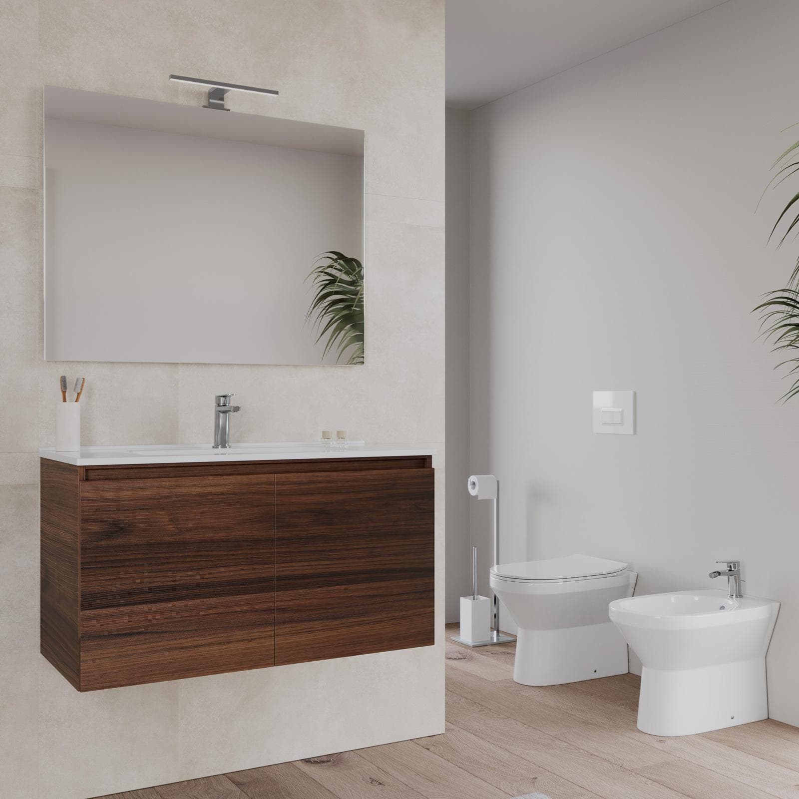 Bagno completo con mobile sospeso 90 cm rovere deciso 2 ante con sanitari con miscelatori e specchio - Davis