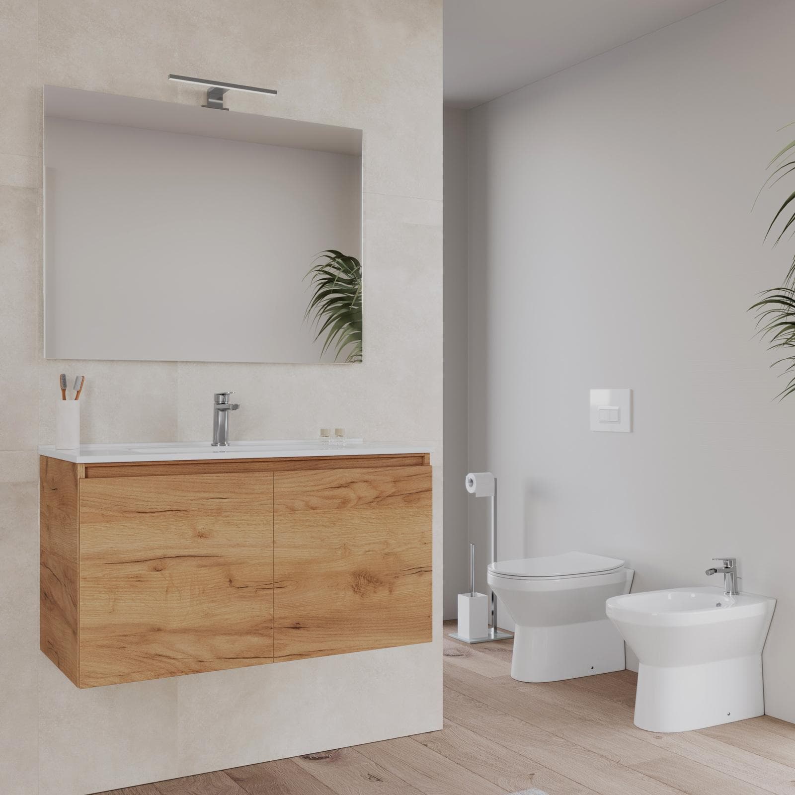 Bagno completo con mobile sospeso 90 cm rovere gold 2 ante con sanitari con miscelatori e specchio - Davis