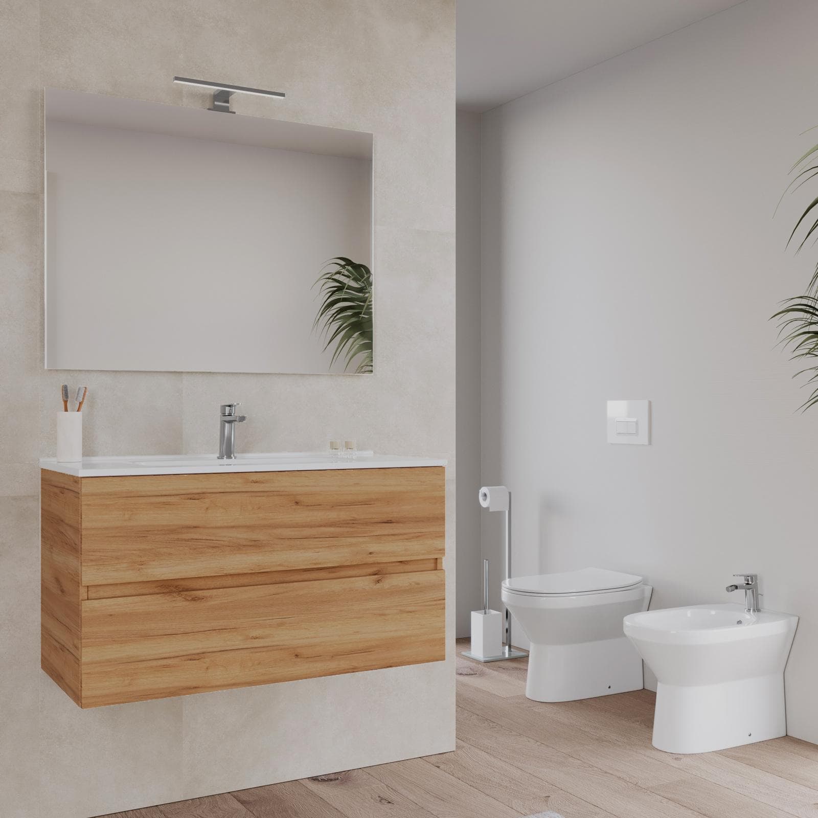 Bagno completo con mobile sospeso 90 cm rovere gold 2 cassetti con sanitari con miscelatori e specchio - Davis