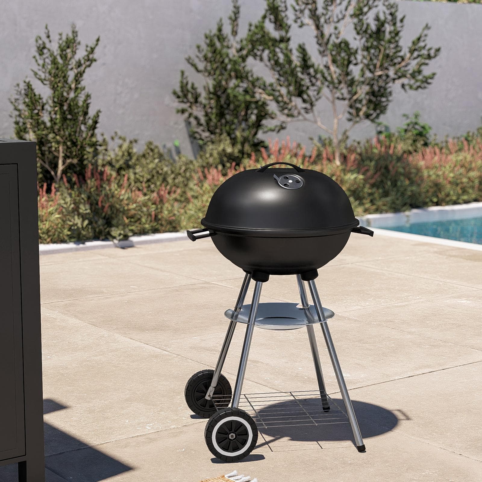 Barbecue a carbonella rotondo 50 cm in acciaio nero con ruote e coperchio - Spedy