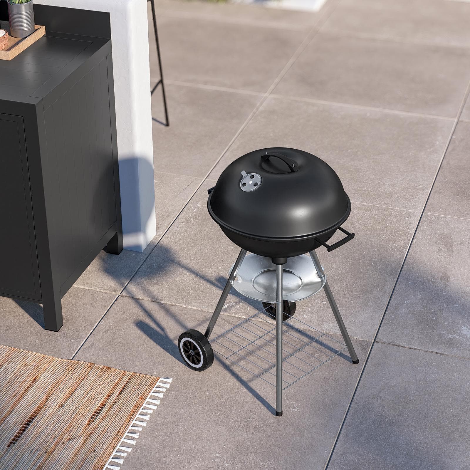 Barbecue a carbonella rotondo 50 cm in acciaio nero con ruote e coperchio - Spedy