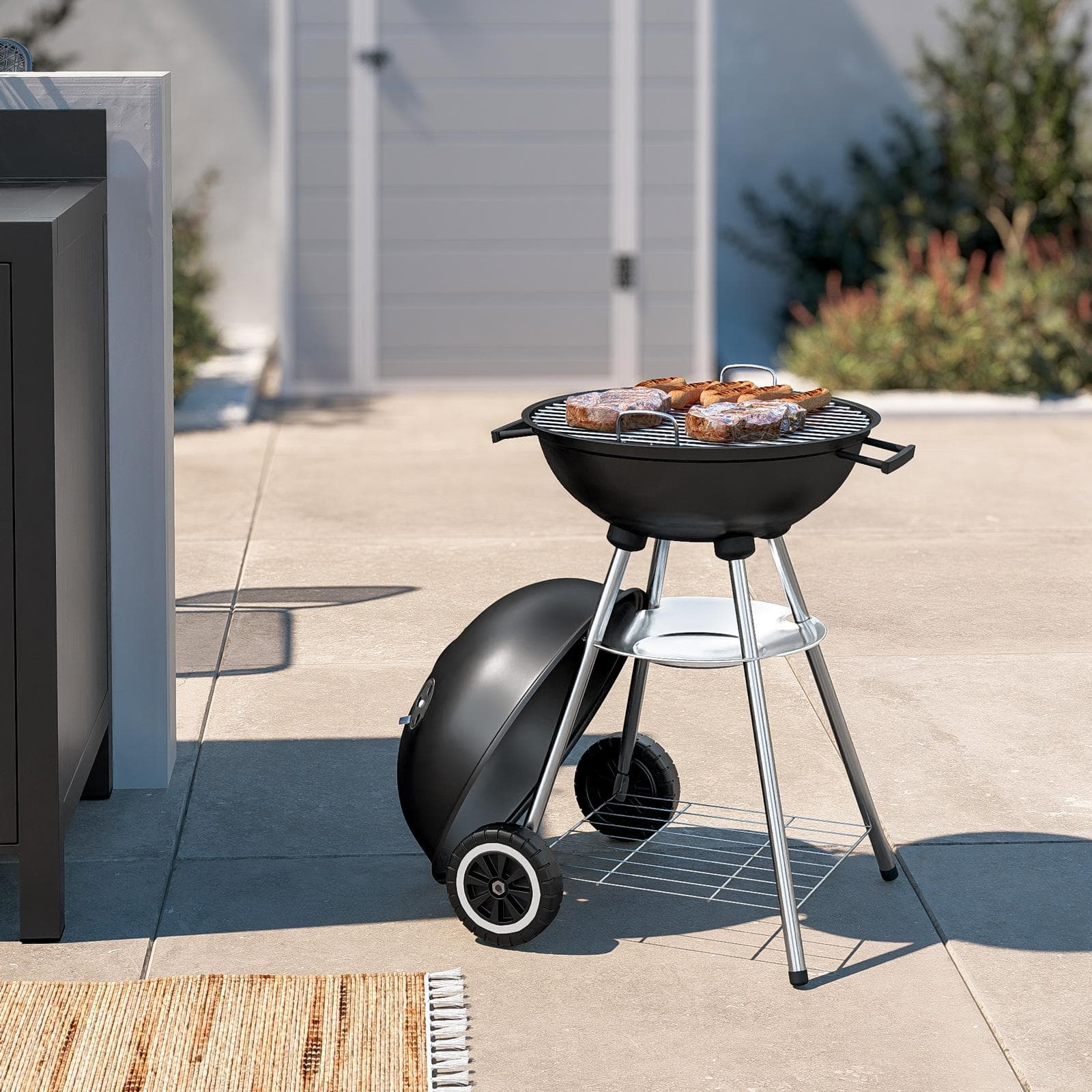 Barbecue a carbonella rotondo 50 cm in acciaio nero con ruote e coperchio - Spedy
