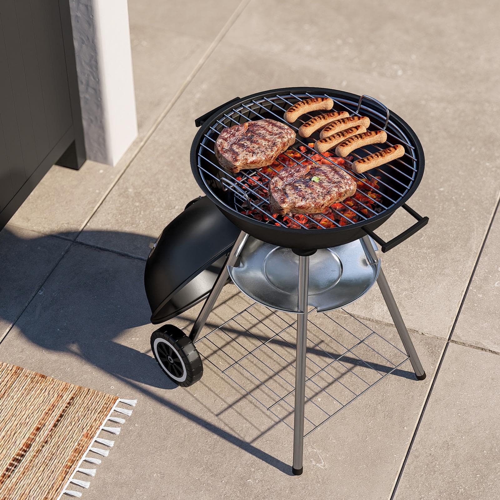 Barbecue a carbonella rotondo 50 cm in acciaio nero con ruote e coperchio - Spedy