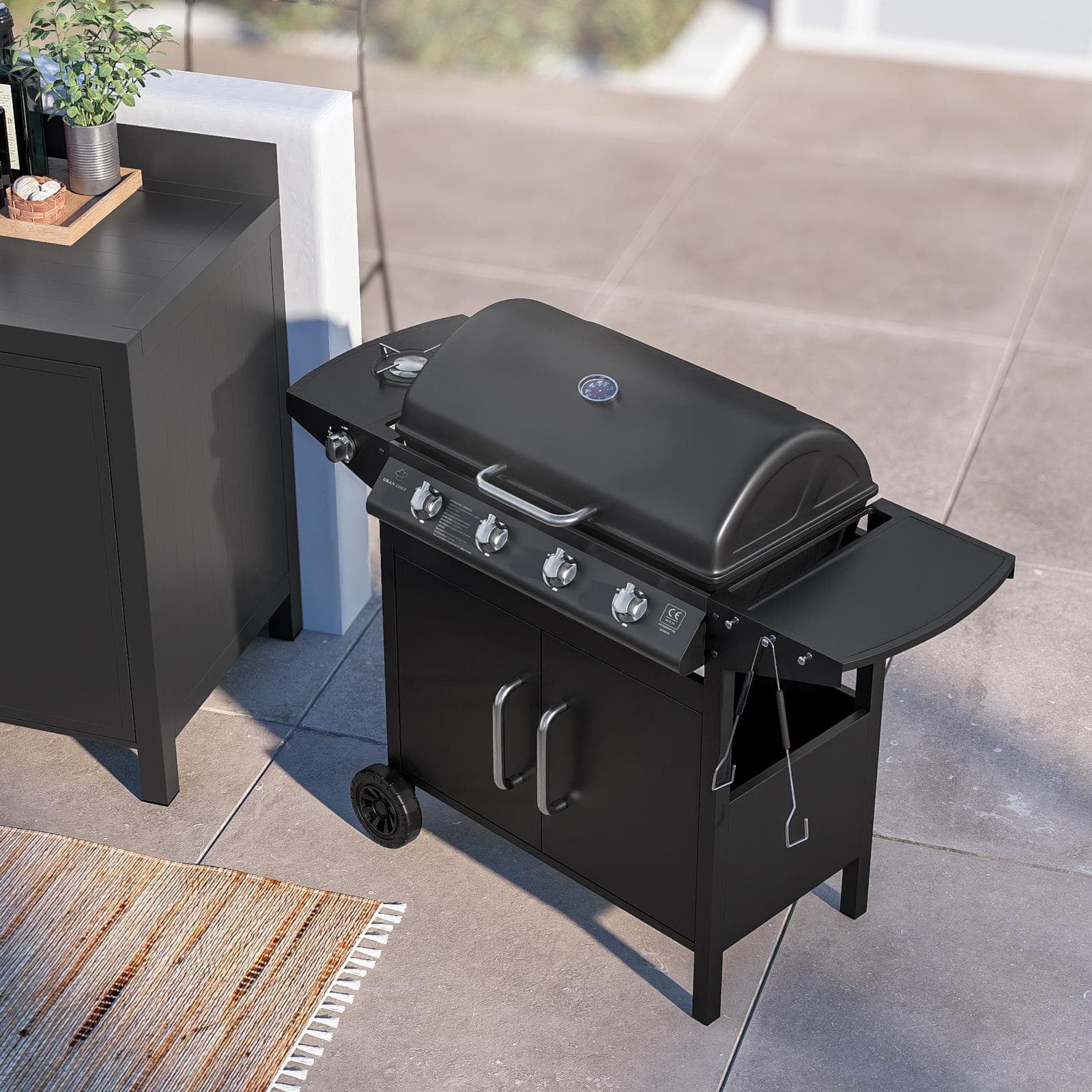 Barbecue a gas 4 fuochi 122x53x97h cm in acciaio antracite con ruote e griglia - Poseidone