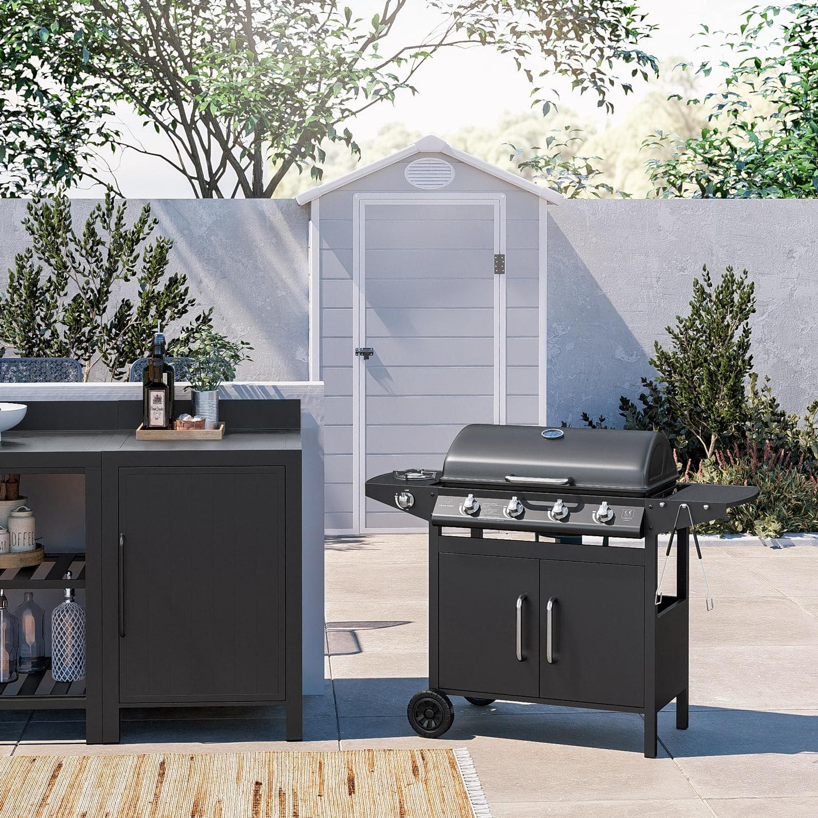 Barbecue a gas 4 fuochi 122x53x97h cm in acciaio antracite con ruote e griglia - Poseidone