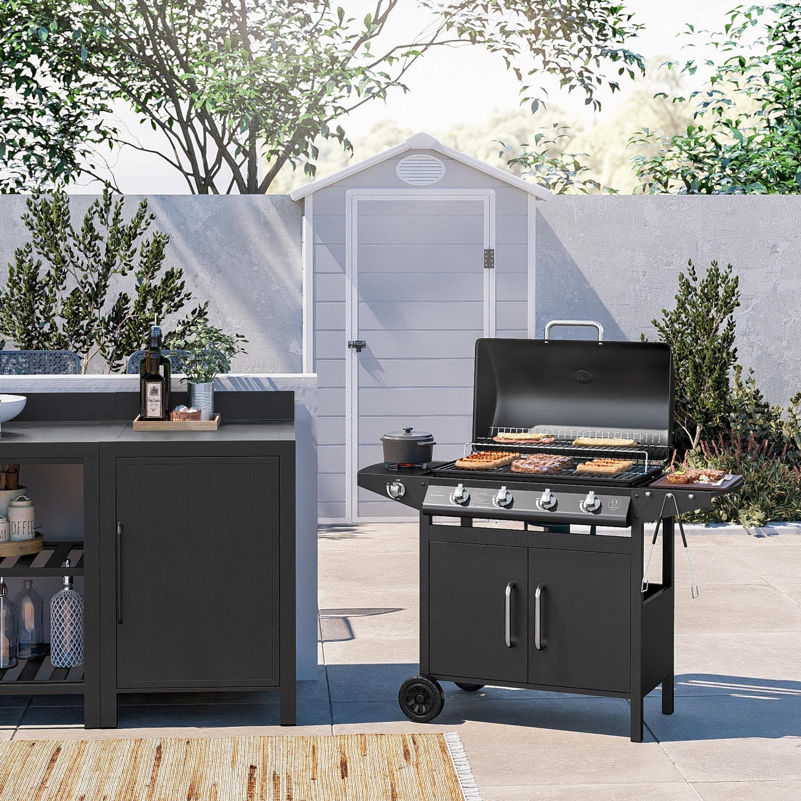 Barbecue a gas 4 fuochi 122x53x97h cm in acciaio antracite con ruote e griglia - Poseidone