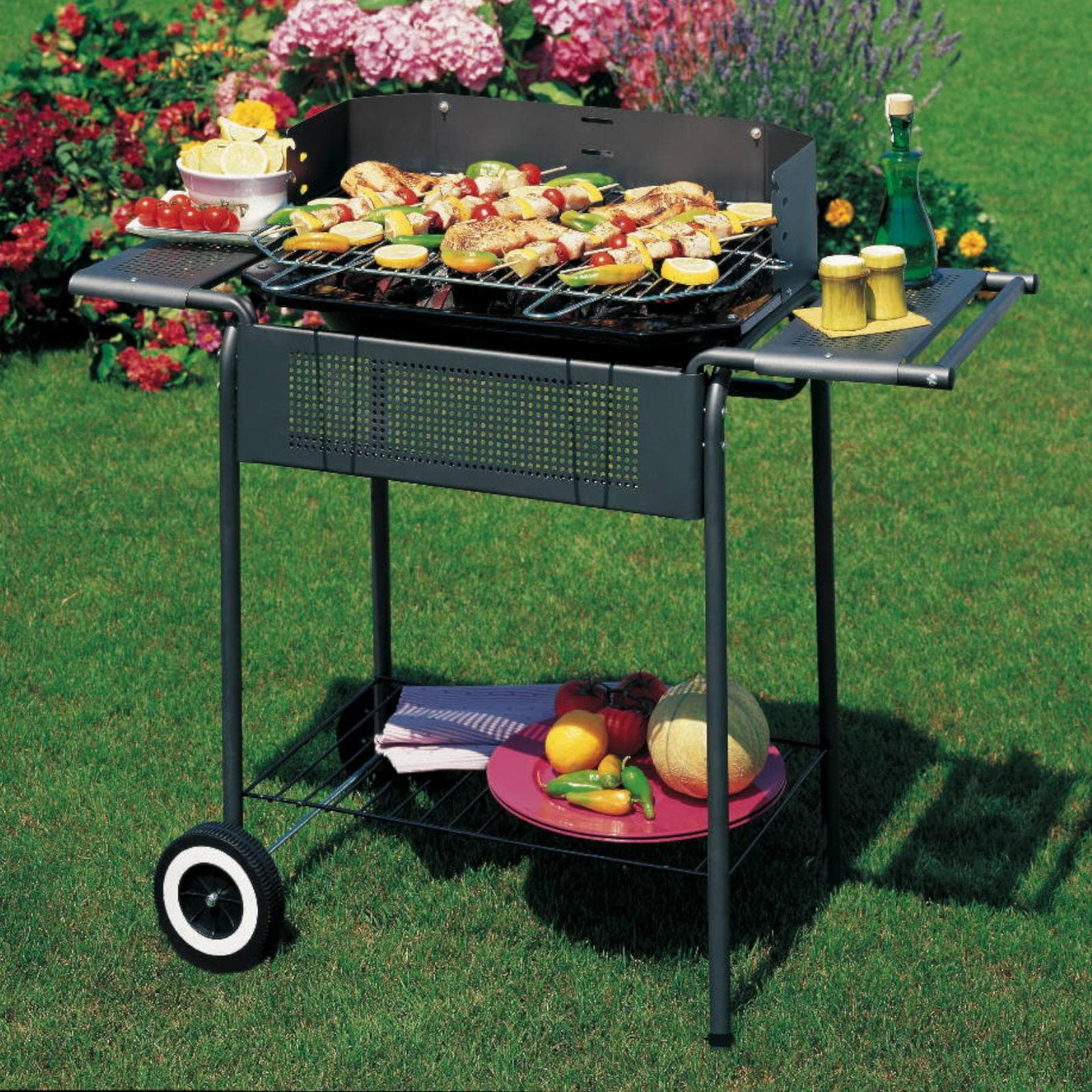 Barbecue a carbonella 45x98 cm in acciaio grigio con griglia e ruote - Foldably