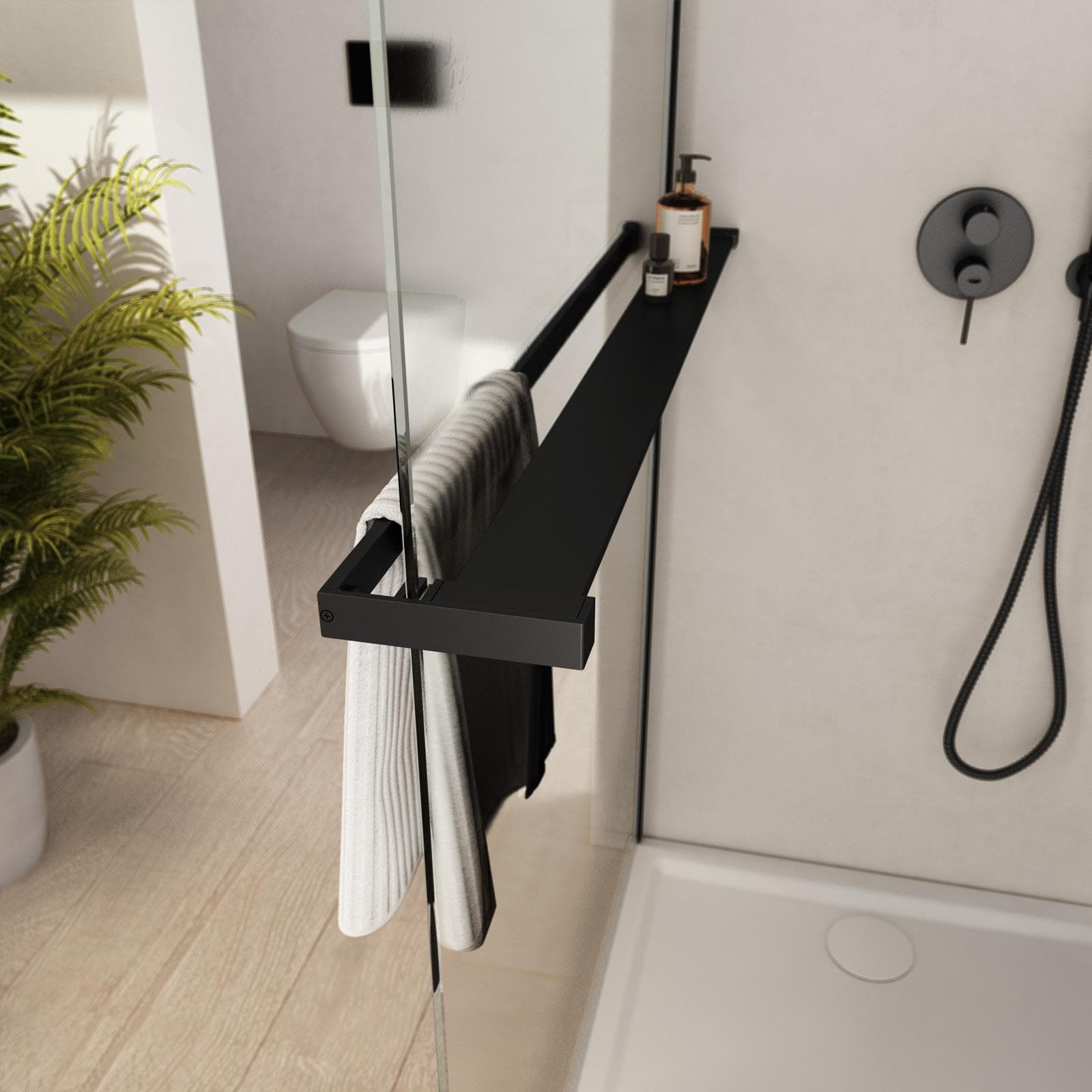 Barra universale per Walk-In porta sapone e asciugamani 120 cm nero riducibile