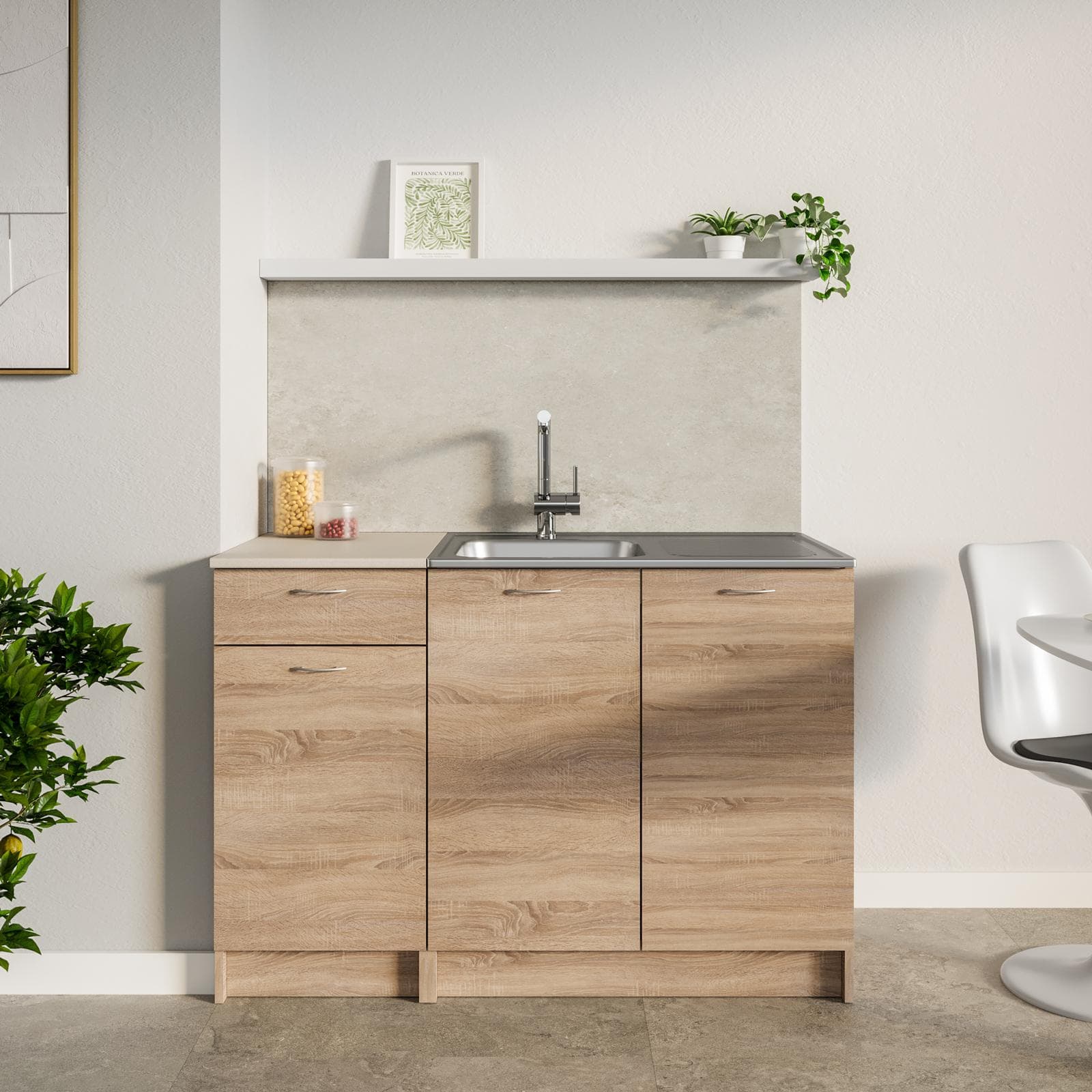 Base sottolavello 120 cm reversibile 120 cm rovere sonoma e top beige con 3 ante e 1 cassetto - Sorbona