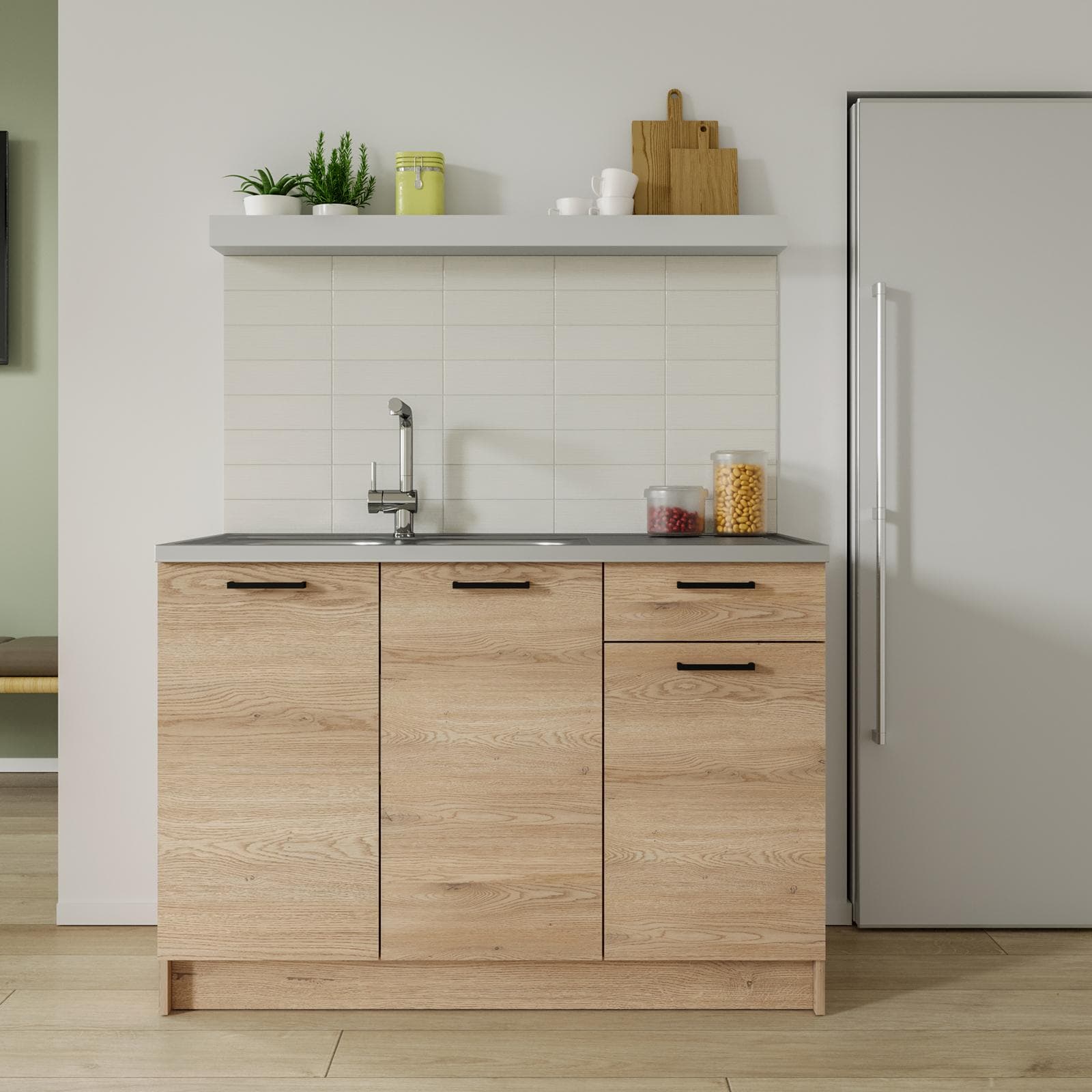 Base sottolavello 120 cm reversibile rovere naturale e top nero con 3 ante e 1 cassetto - Ismeria
