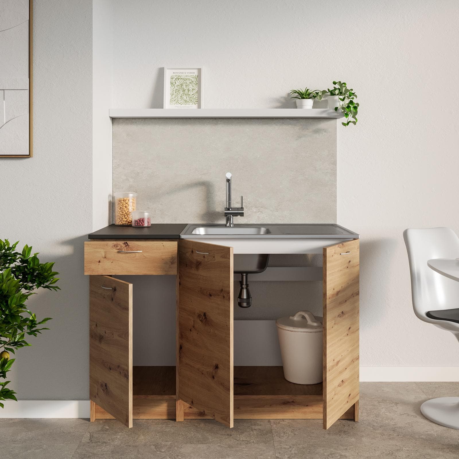 Base sottolavello 120 cm reversibile rovere rustico e top nero con 3 ante e 1 cassetto - Sorbona
