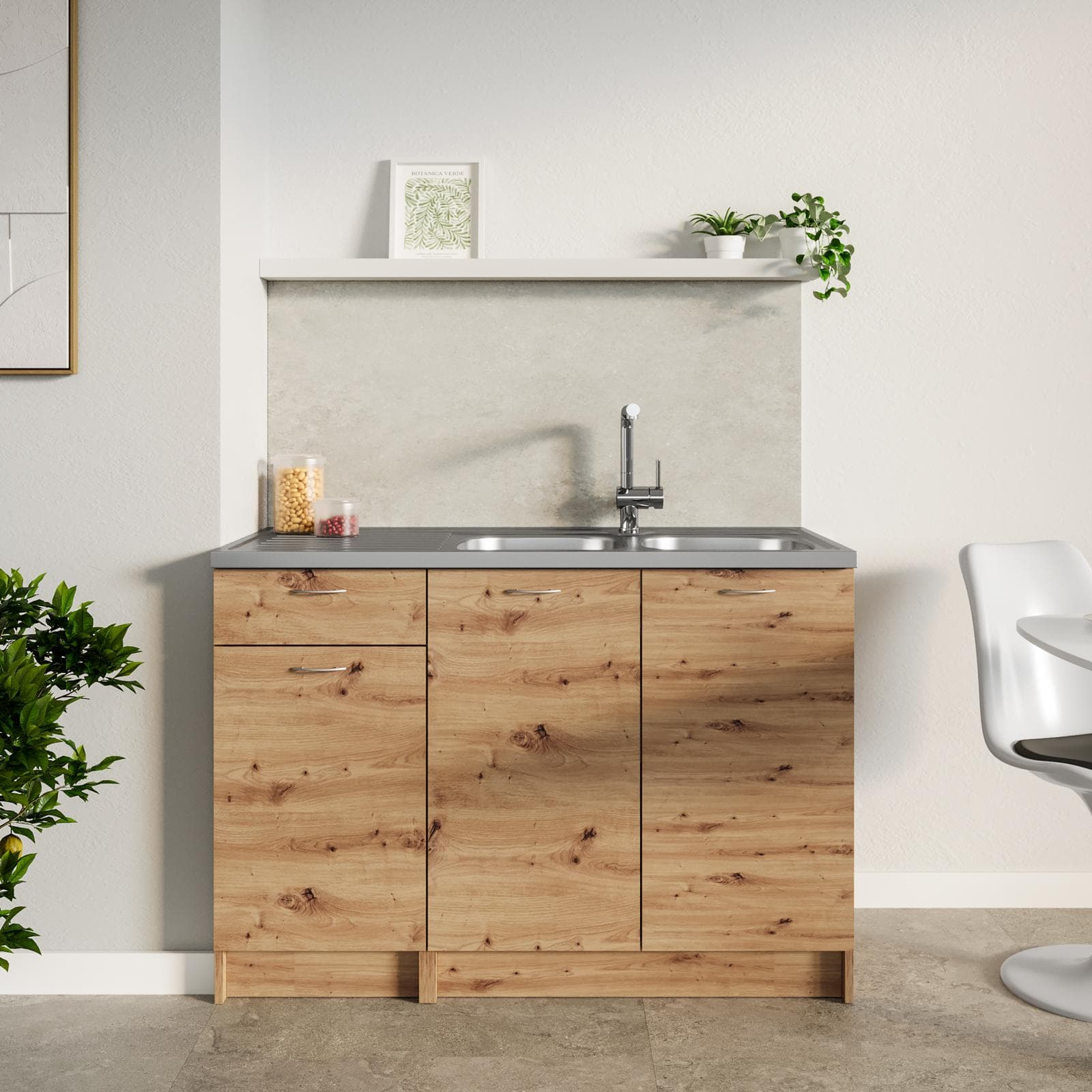 Base sottolavello 120 cm reversibile rovere rustico e top nero con 3 ante e 1 cassetto - Sorbona