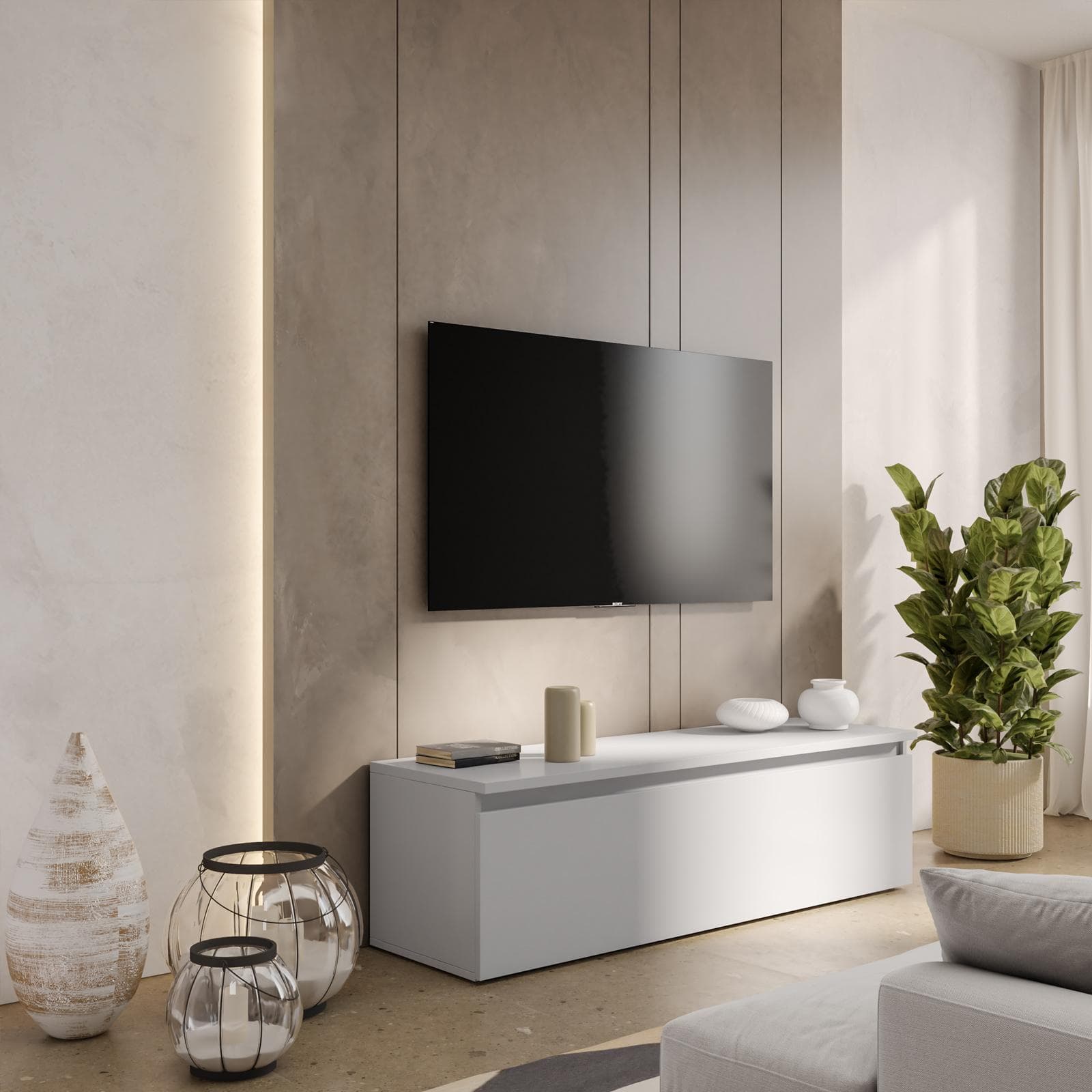 Porta tv 138x40h color grigio gesso con cassettone - Clary