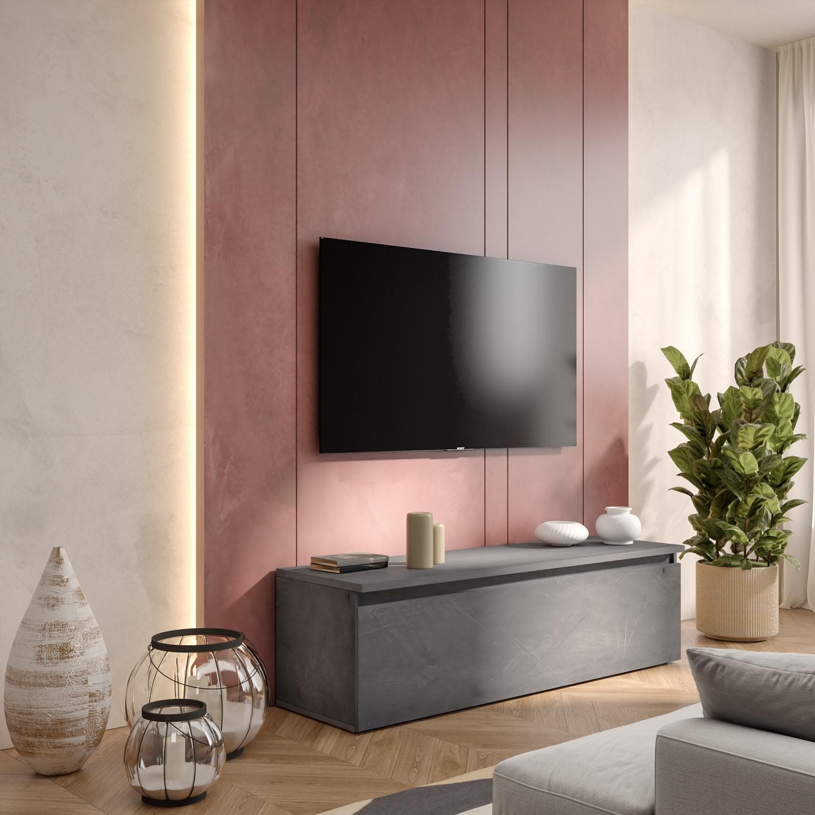 Porta tv 138x40h color grigio piombo con cassettone - Clary