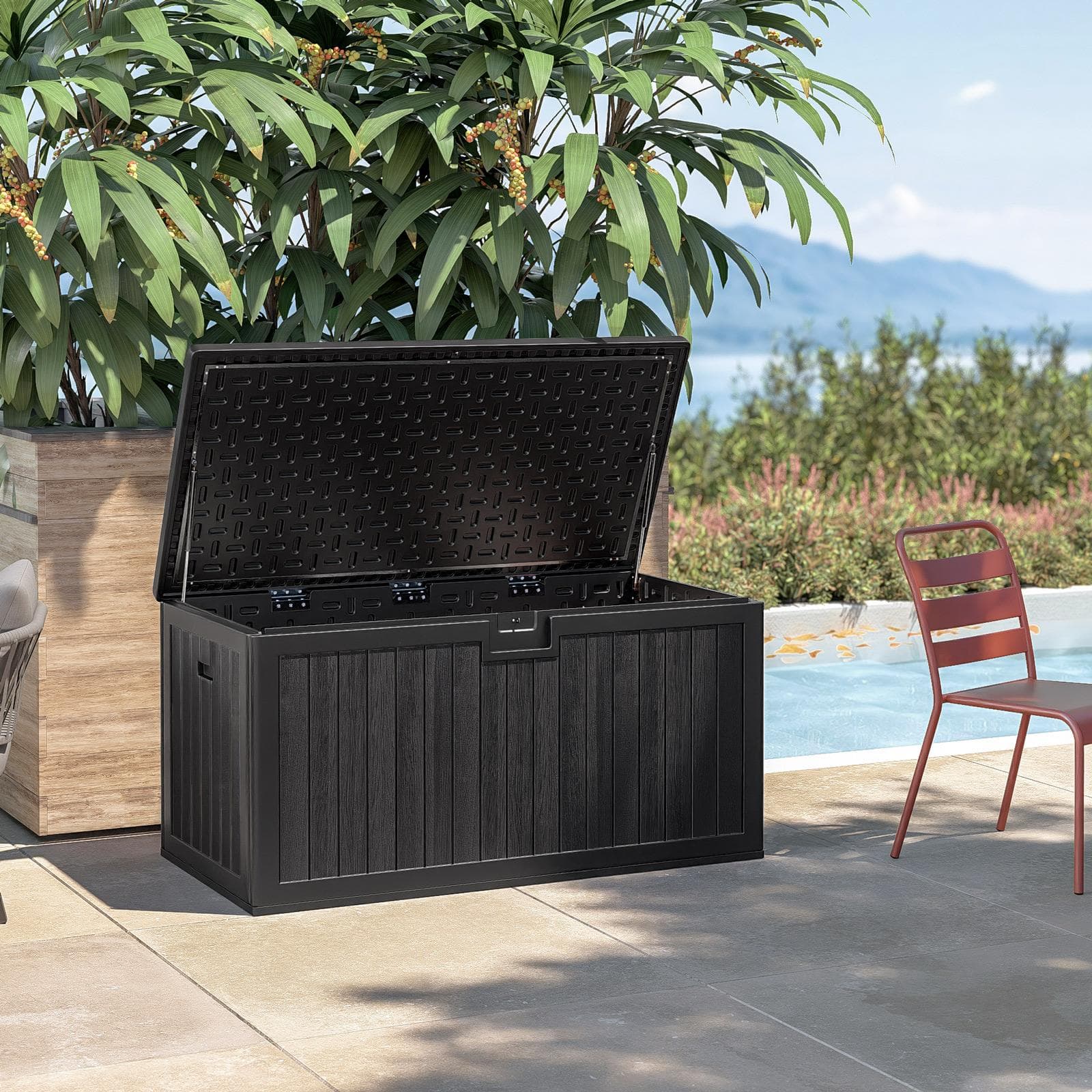 Baule contenitore da esterno 140x72x72h cm in resina nero effetto legno - Thago