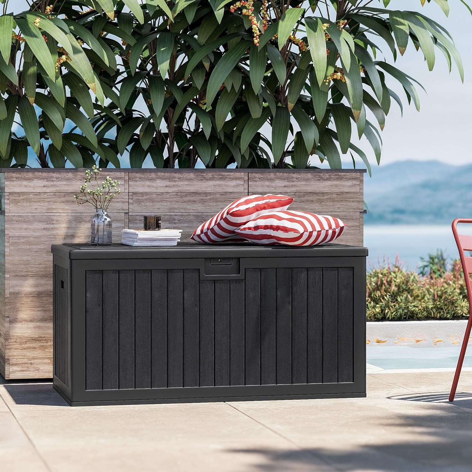 Baule contenitore da esterno 140x72x72h cm in resina nero effetto legno - Thago