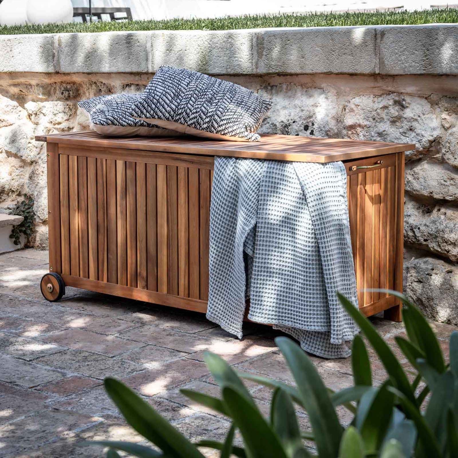 Baule contenitore in legno di acacia con ruote - Paja