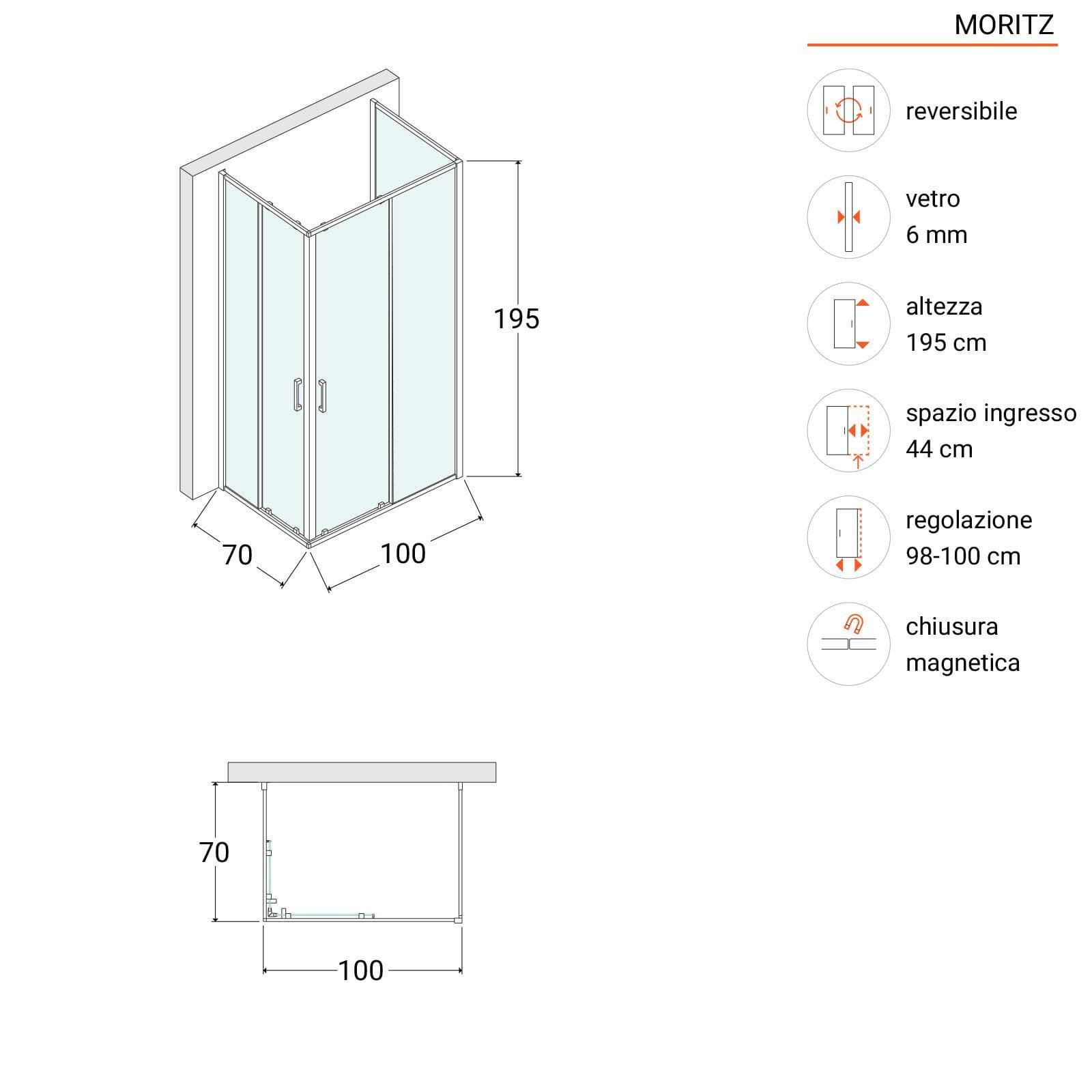 Box 3 lati 70x100x70 cm doppio scorrevole vetro trasparente anticalcare profilo cromo 195h - Moritz