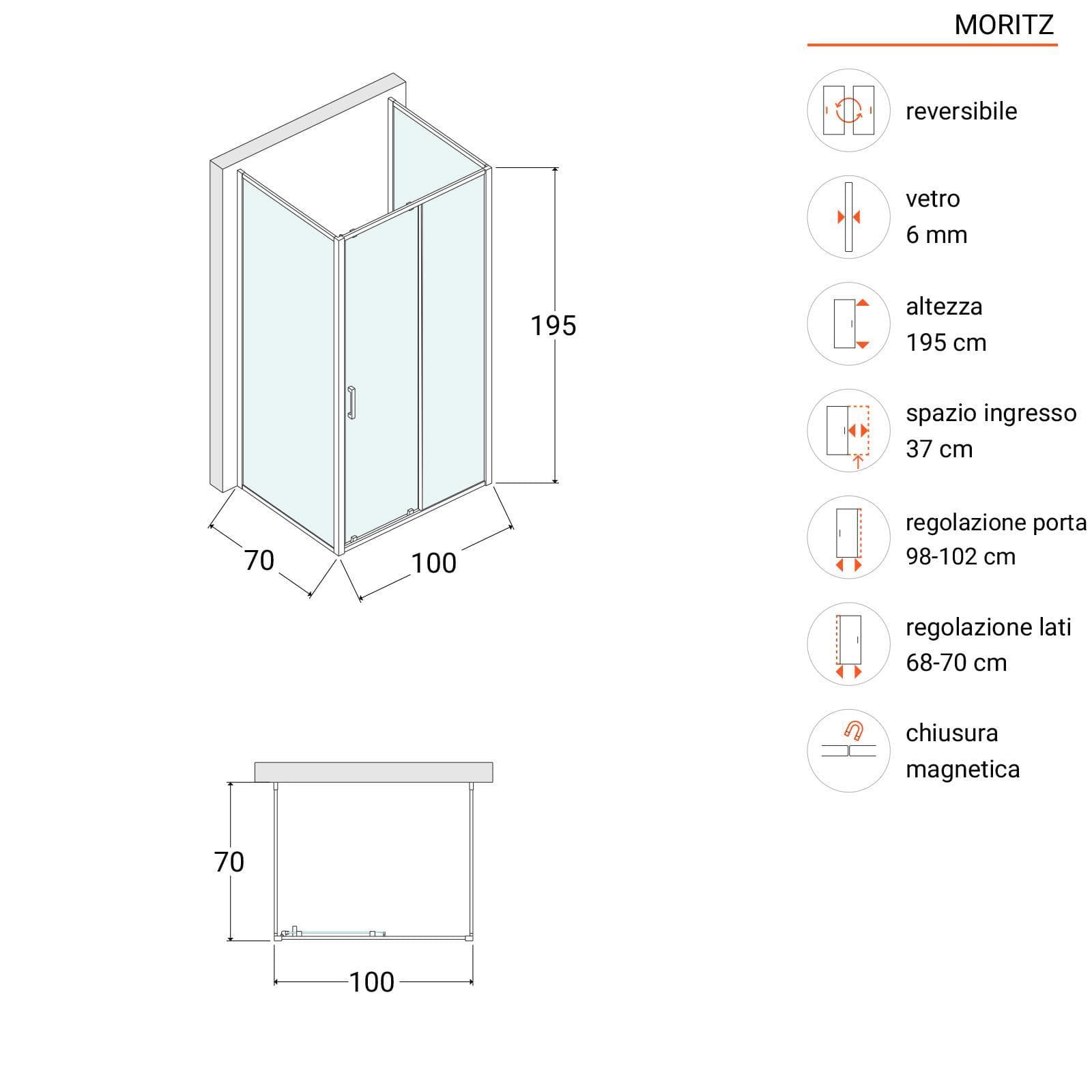 Box 3 lati 70x100x70 cm scorrevole vetro trasparente anticalcare profilo cromo 195h - Moritz