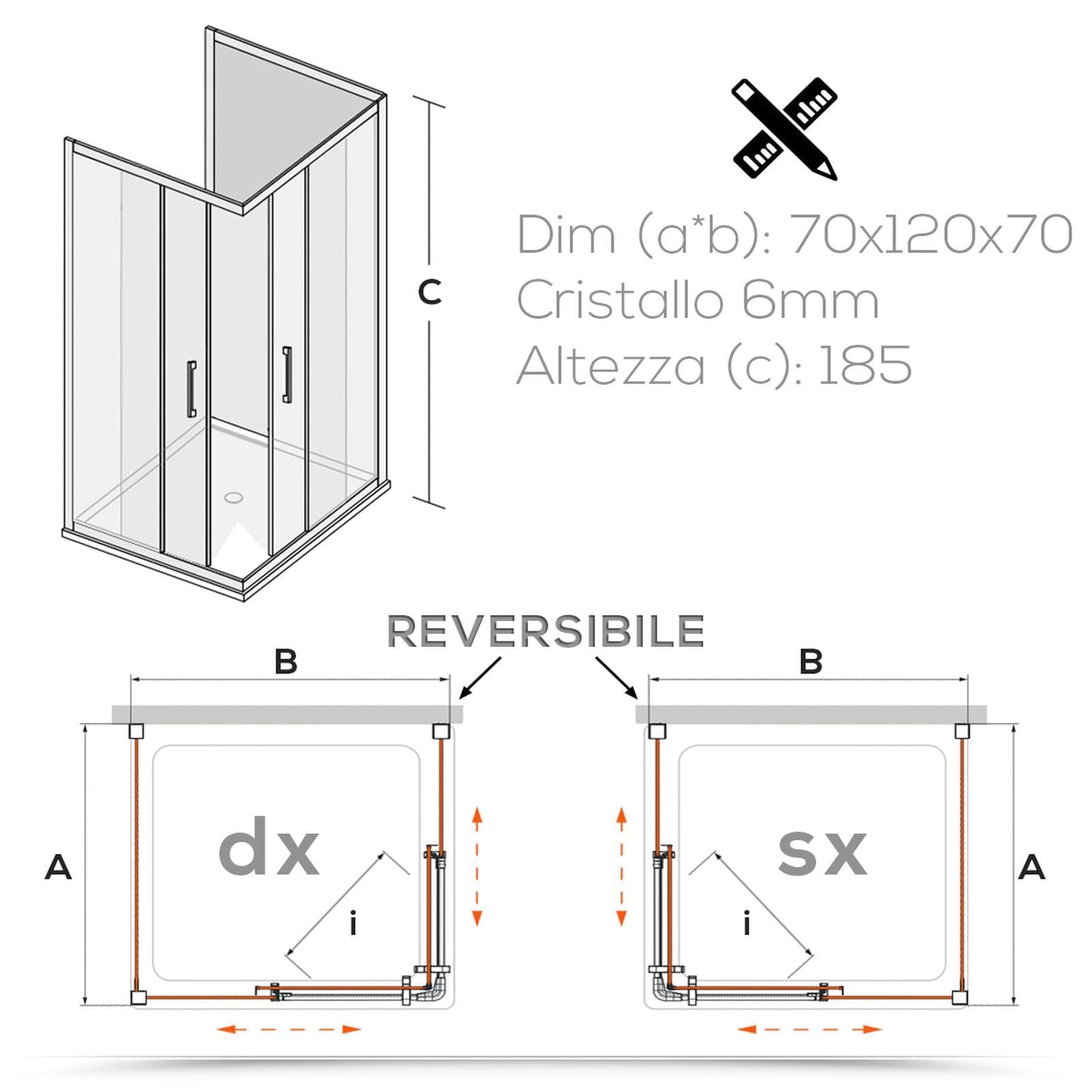 Box 3 lati 70x120x70 cm doppio scorrevole vetro temperato 6mm trasparente 185h - Young
