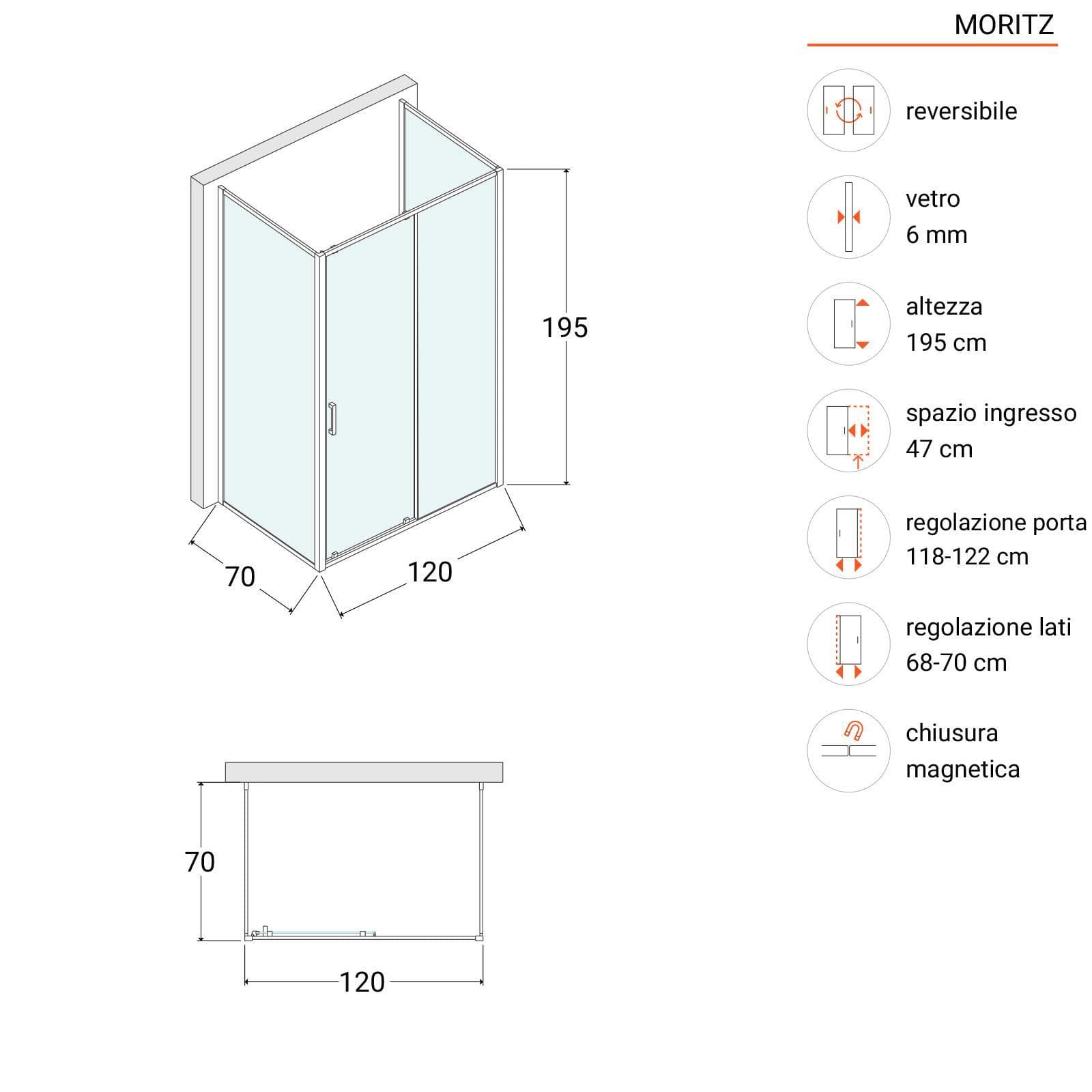 Box 3 lati 70x120x70 cm scorrevole vetro trasparente anticalcare profilo cromo 195h - Moritz