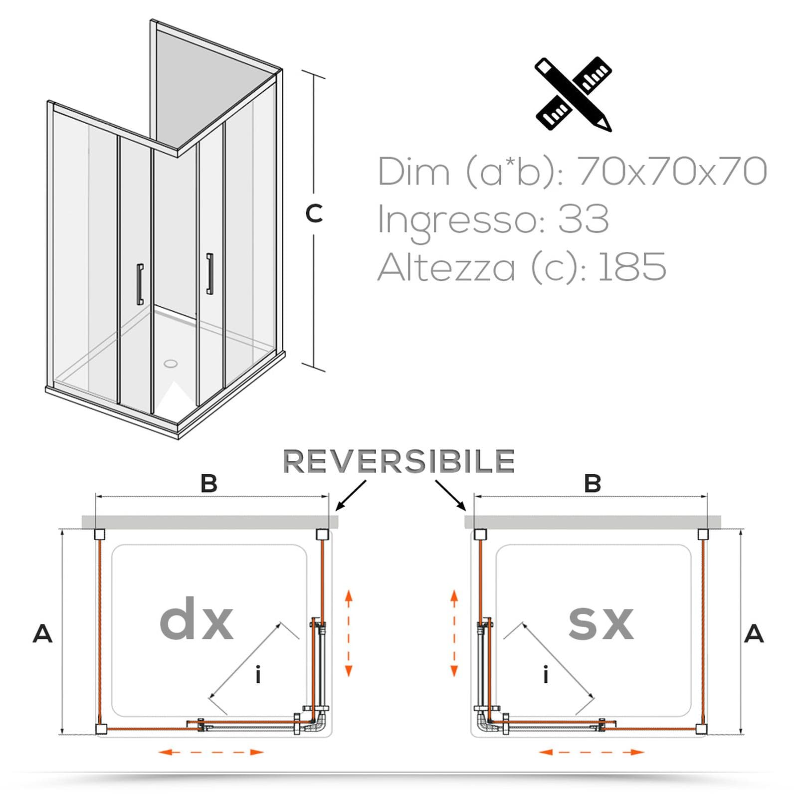 Box 3 lati 70x70x70 cm doppio scorrevole vetro temperato 6mm stampato 185h - Young