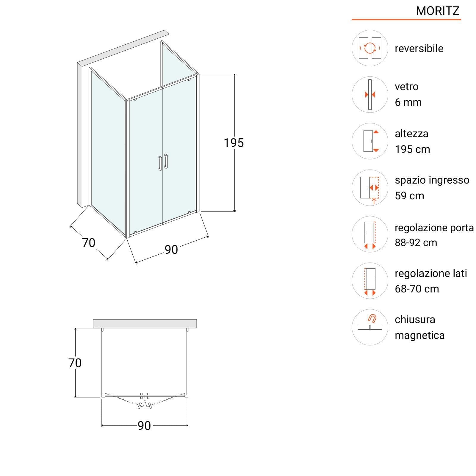 Box 3 lati 70x90x70 cm doppio battente vetro trasparente anticalcare profilo cromo 195h - Moritz